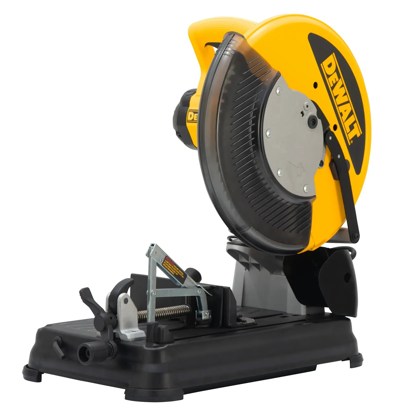 A DEWALT DW872 metal cutting saw, featuring a yellow and black design with a circular blade and sturdy base.