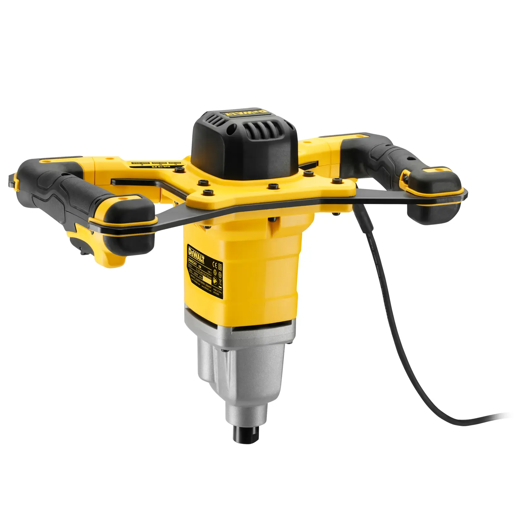 A DEWALT DWD241 electric mixer with a yellow and black design, featuring dual ergonomic handles and a power cord attached.