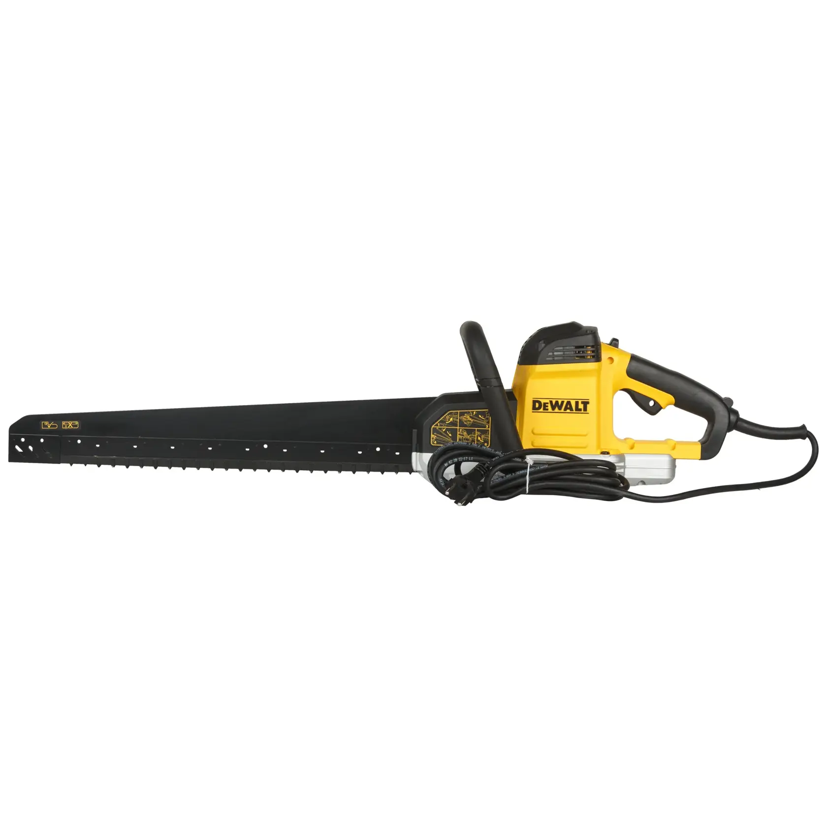 A DEWALT electric alligator saw with a black blade and yellow and black handle, shown with its power cord coiled.