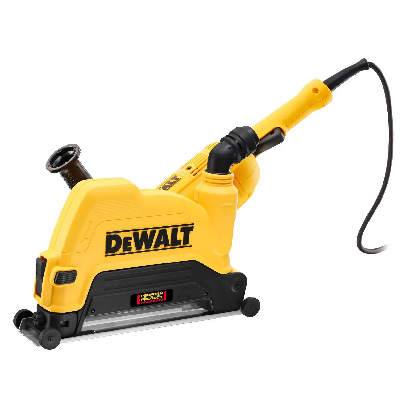 A DEWALT electric wall chaser tool in yellow and black with a handle and cord, used for cutting channels in walls.