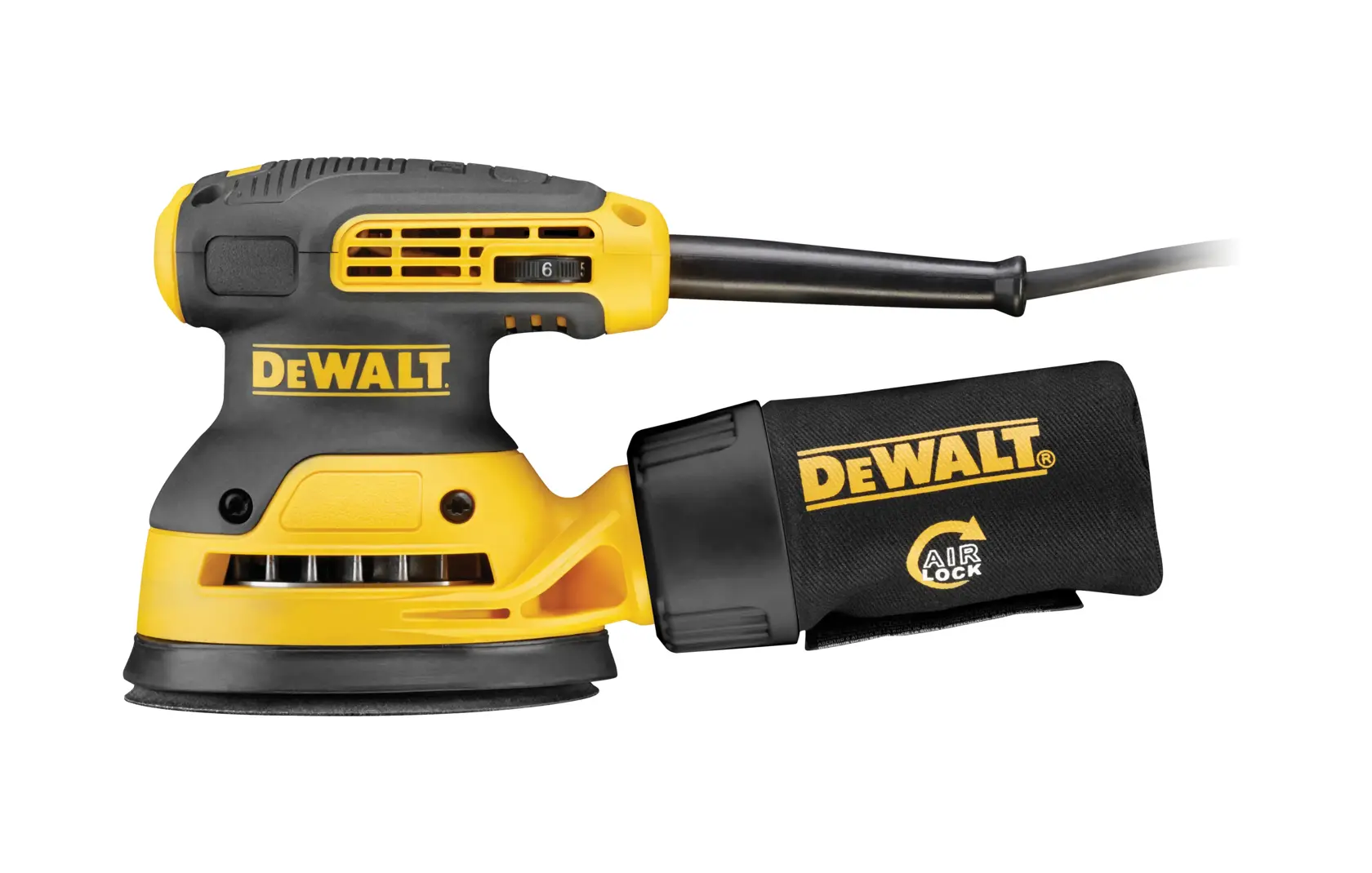 DEWALT DWE6423 yellow and black electric random orbital sander with attached dust collection bag, displayed on a white background.