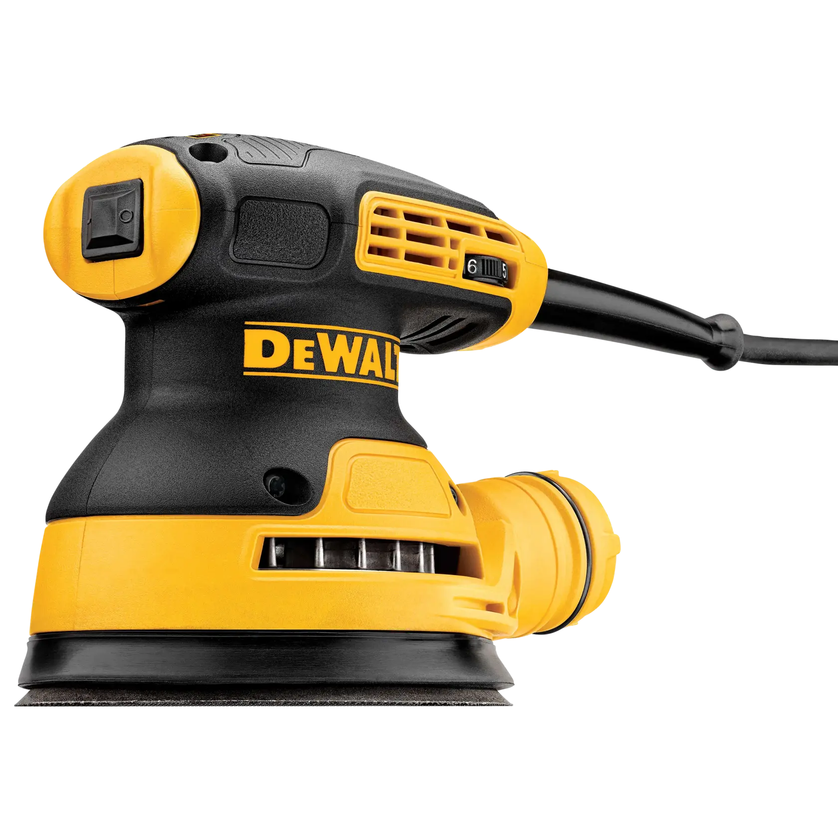 A DEWALT DWE6423 random orbital sander is shown with product features labeled. The sander is yellow and black, with a dust-sealed switch, a separate counterweight design, and a dust port attached to a dust bag.