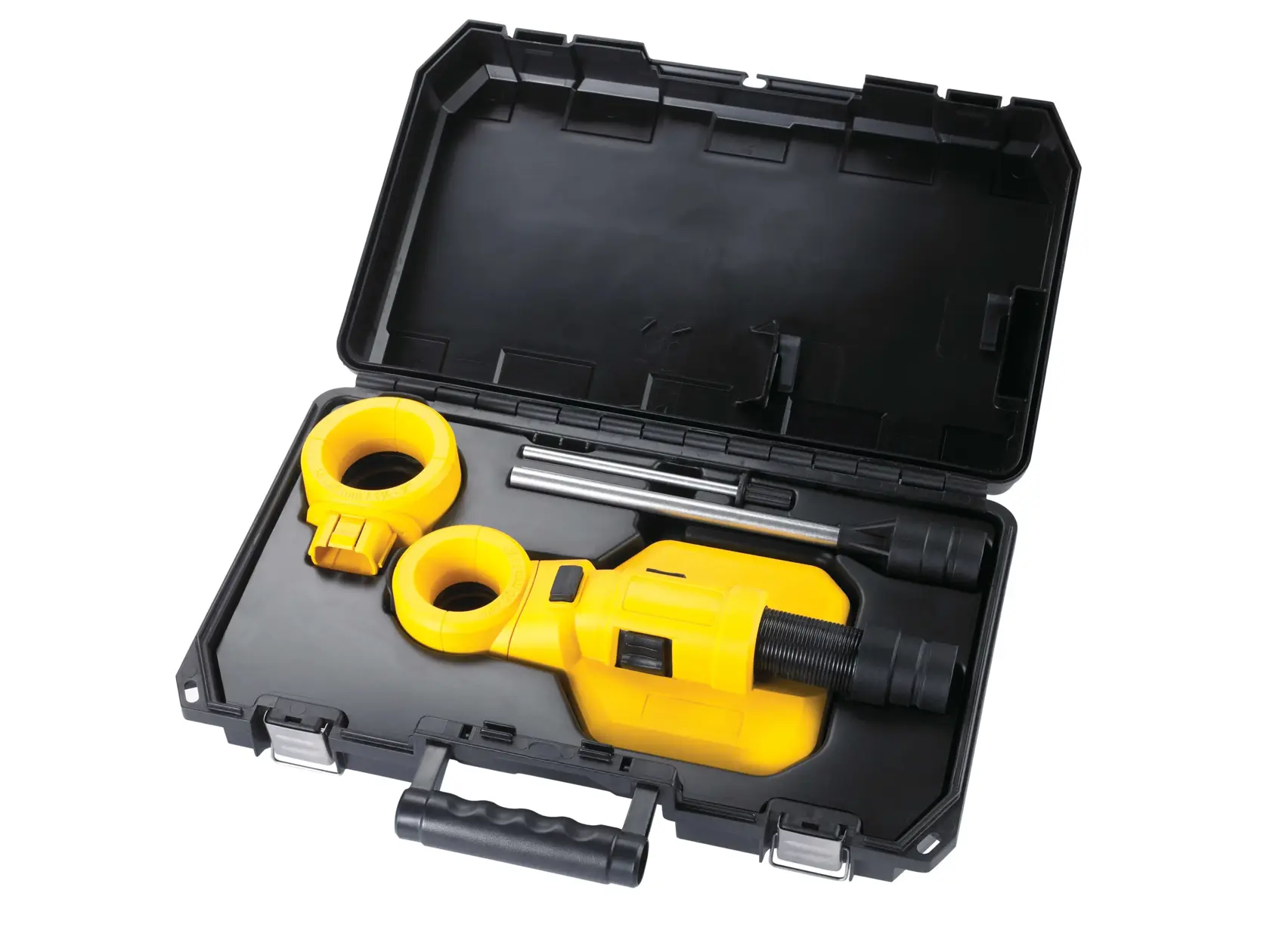 A DEWALT DWH050 yellow and black tool set in a hard plastic carrying case, including attachments and rods, used for drilling or dust extraction.
