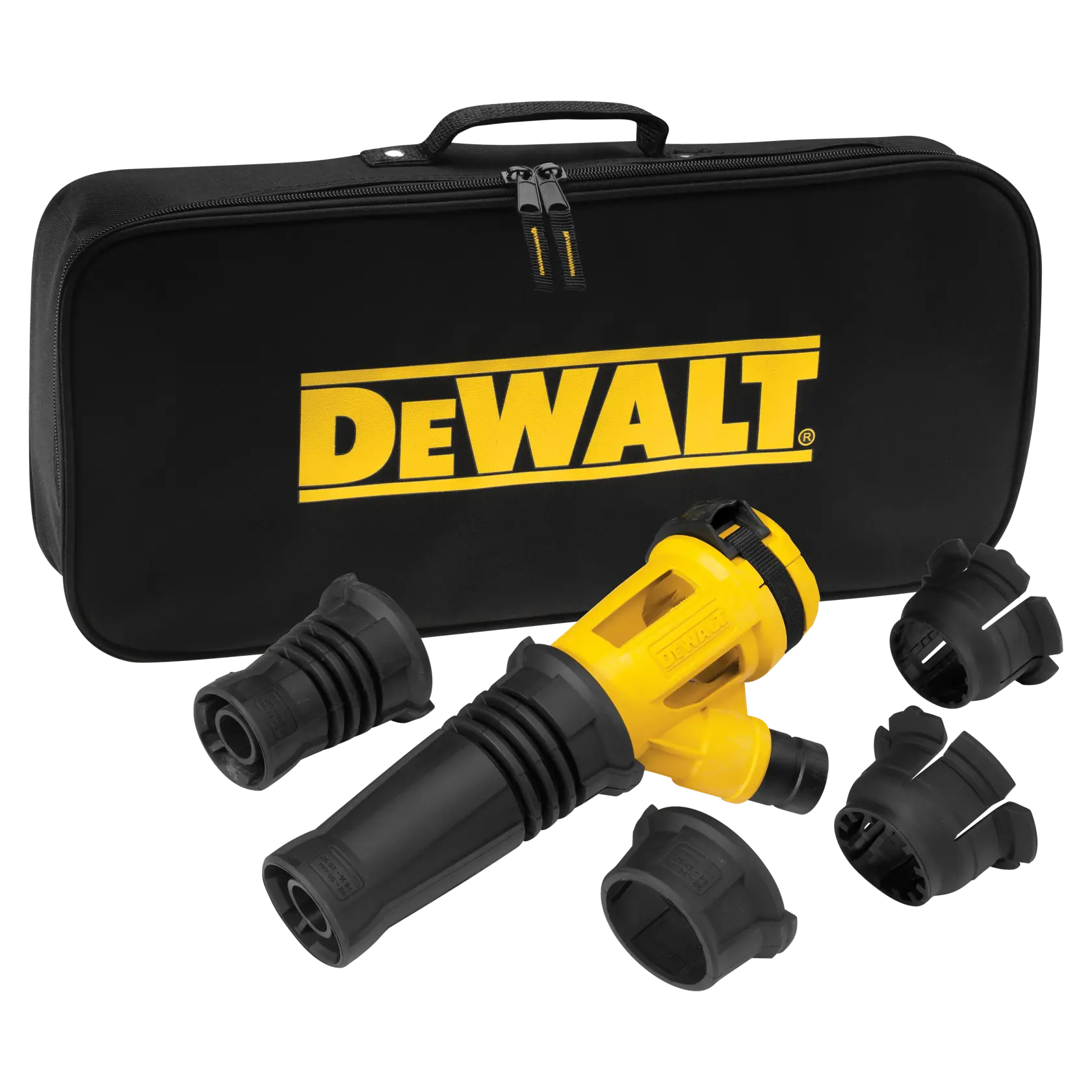A DEWALT branded black carrying case with yellow logo, shown with a yellow and black tool and several black attachments organized around it.