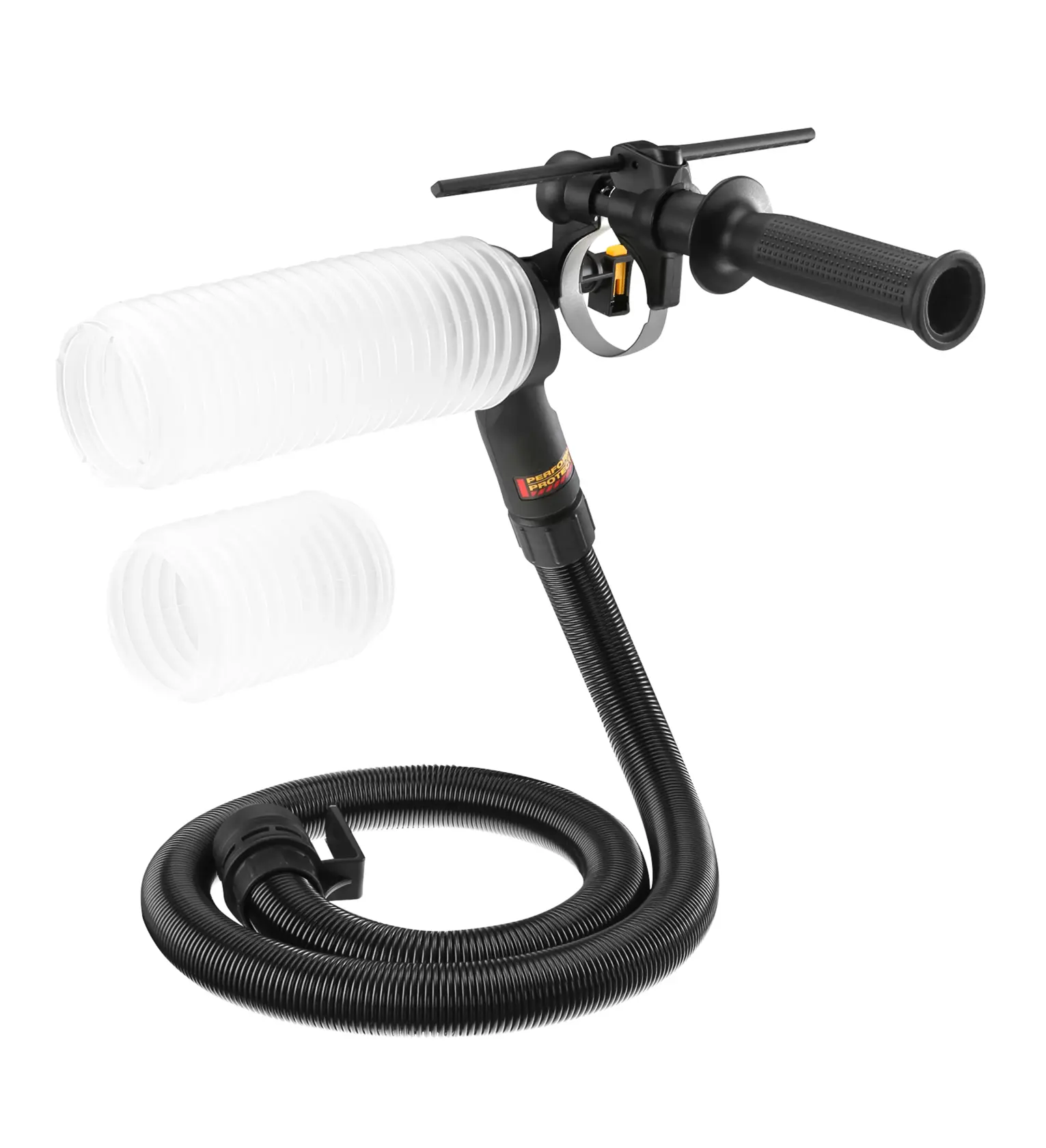 DEWALT dust extraction attachment with black flexible hose, handle, and clear accordion-style nozzle. Includes an extra clear nozzle extension.