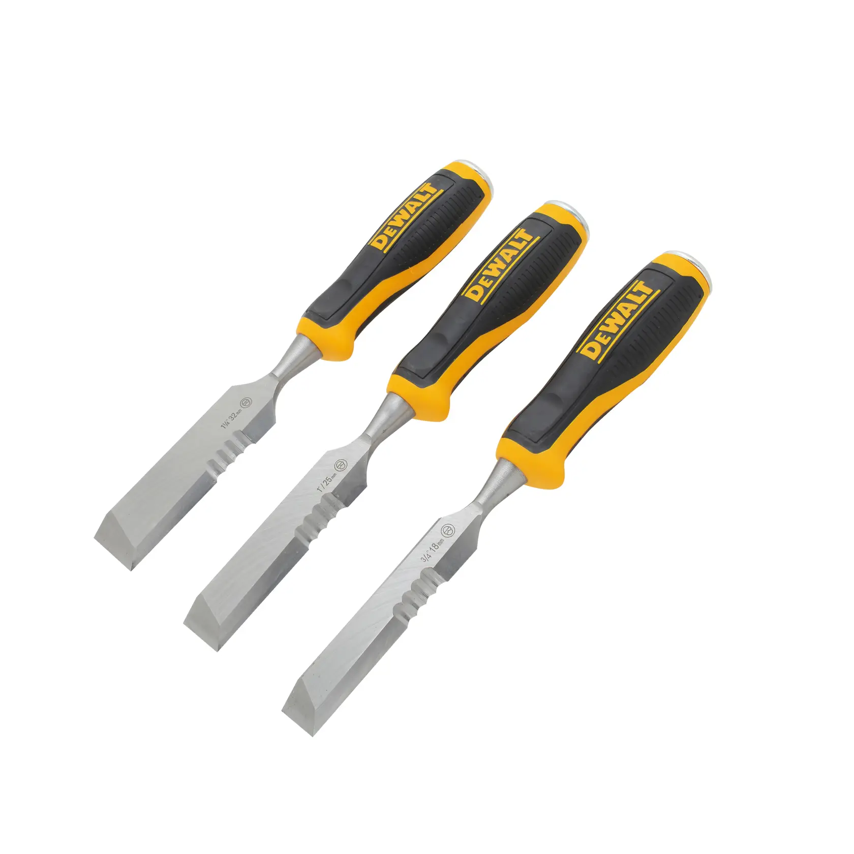 Three DEWALT brand woodworking chisels with black and yellow handles on a white background.