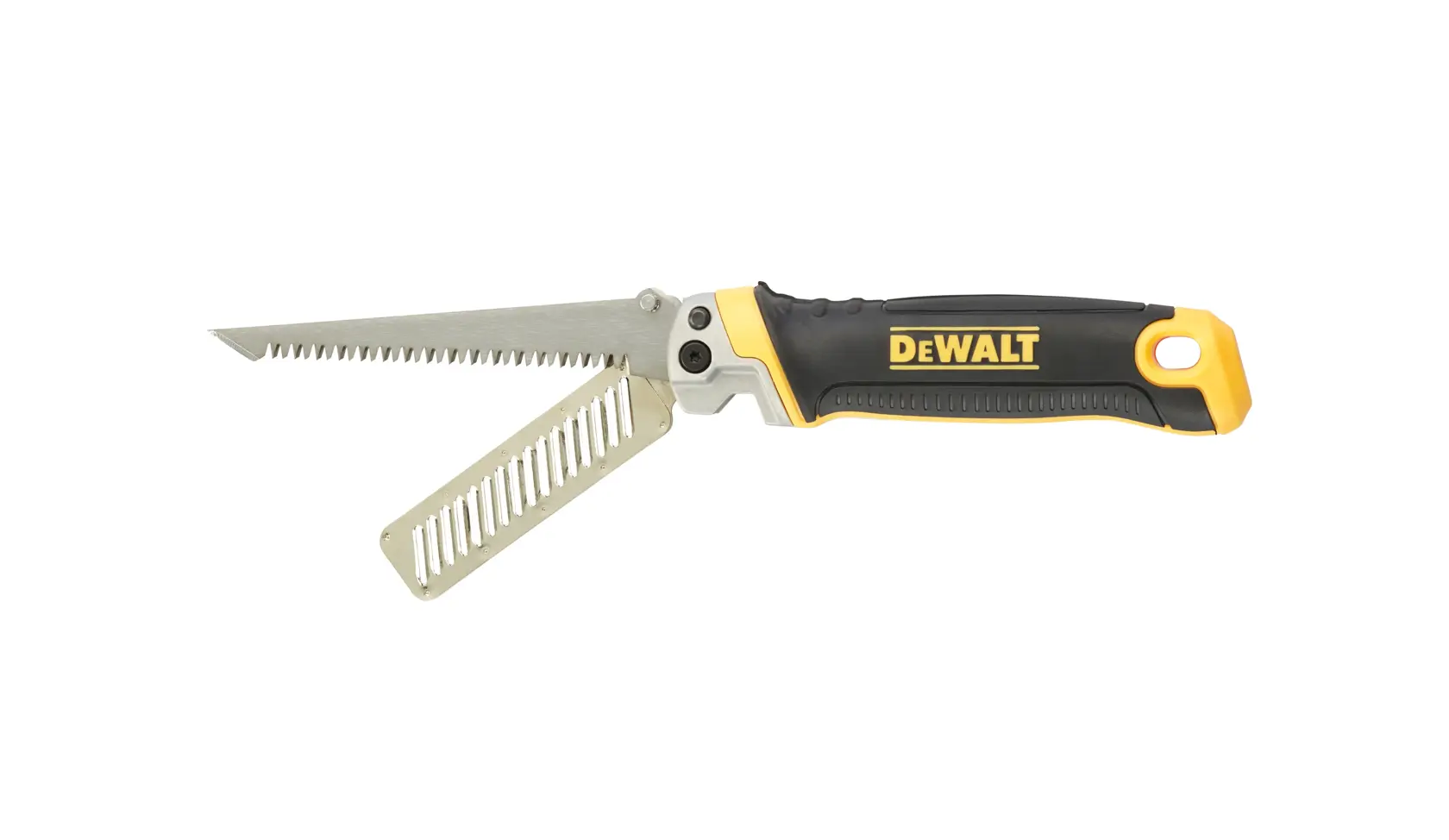 A DEWALT folding drywall saw with a black and yellow handle and two folding blades, one saw blade and one jab blade, shown extended.
