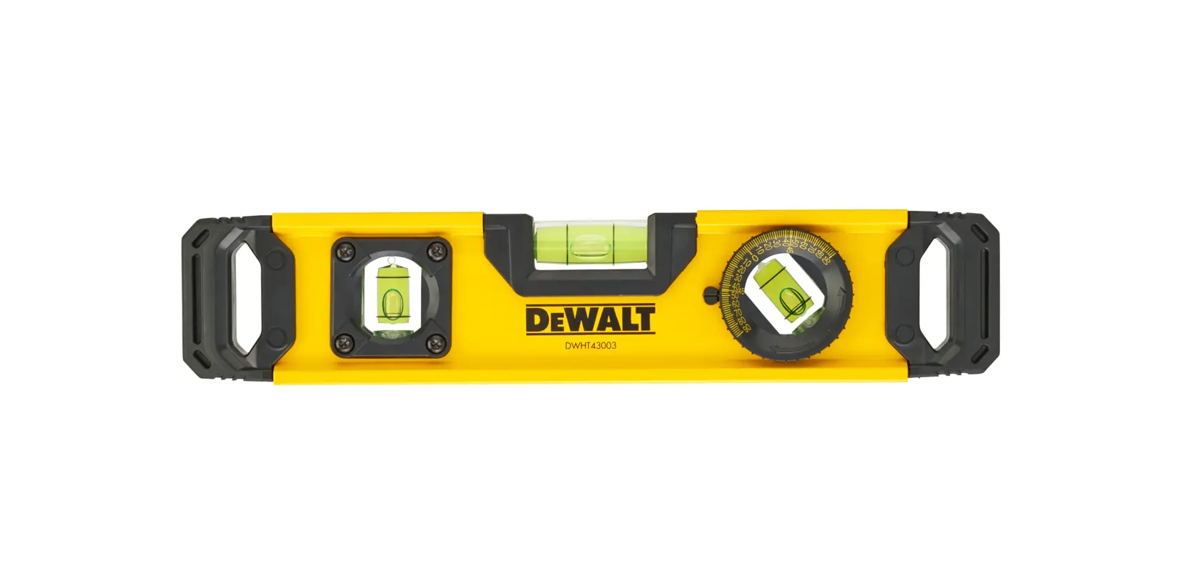 A yellow DEWALT DWHT0-43003 photographic level tool with three vials, a rotating angle dial, and two ergonomic handles on each side.