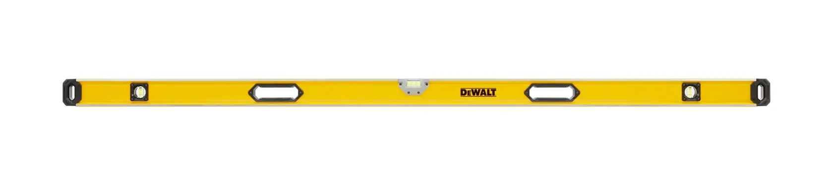 A yellow DEWALT spirit level with black end caps and three bubble vials, designed for accurate leveling in construction and carpentry.