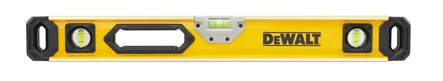 A yellow DEWALT spirit level with three bubble vials and black end caps, designed for precise leveling tasks.