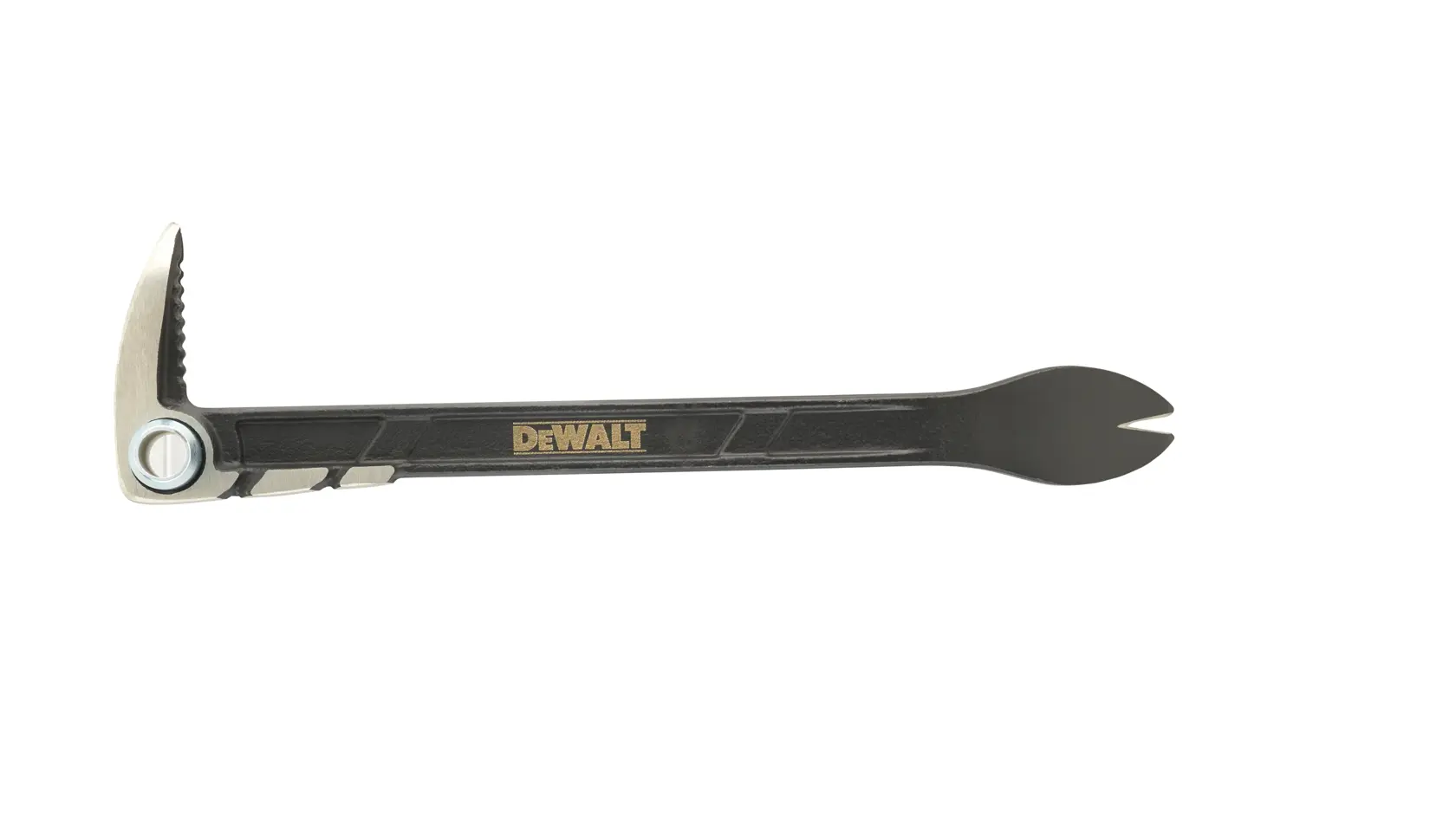 A DEWALT branded hand tool, specifically a black pry bar with a metal claw head and forked end, designed for demolition and nail removal.
