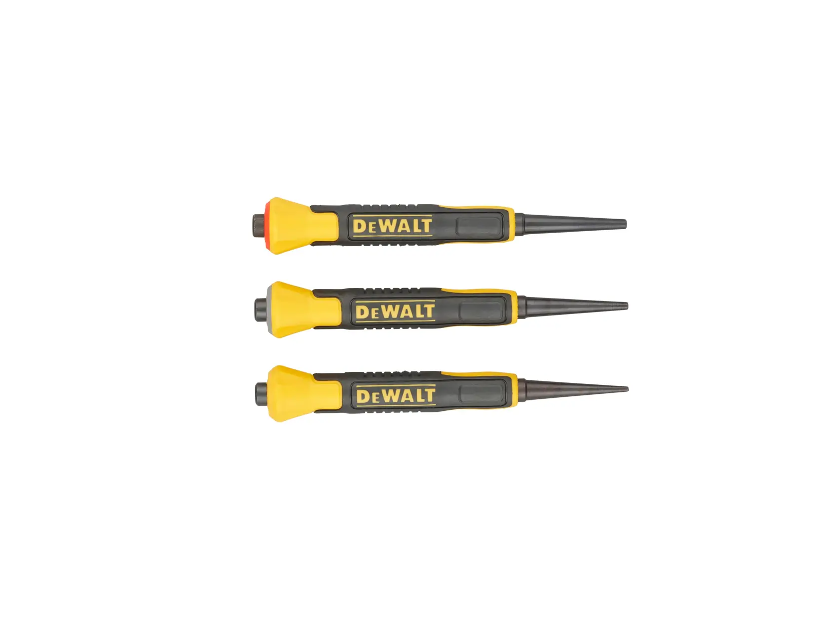 Three DEWALT nail punch tools with black and yellow handles, arranged horizontally in a row.