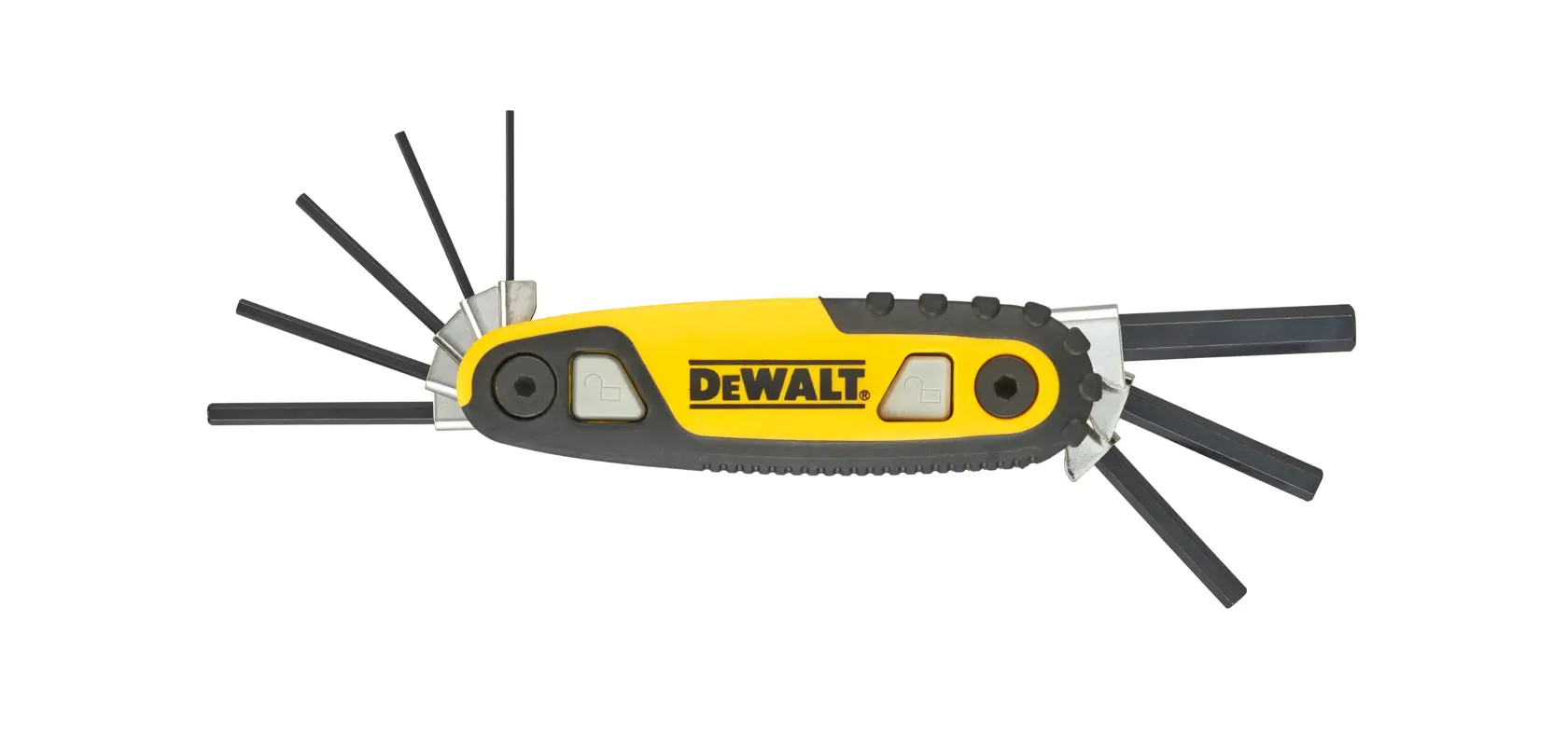 A DEWALT folding hex key set with a yellow and black handle, showing multiple hex keys extended from both sides.