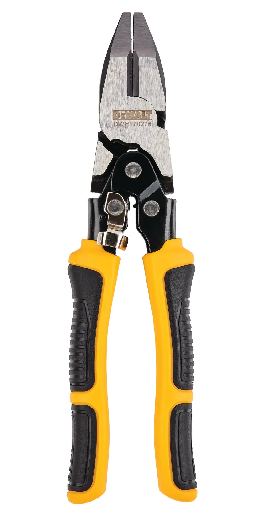 DEWALT DWHT0-70276 aviation snips with yellow and black ergonomic handles, photographed on a white background.
