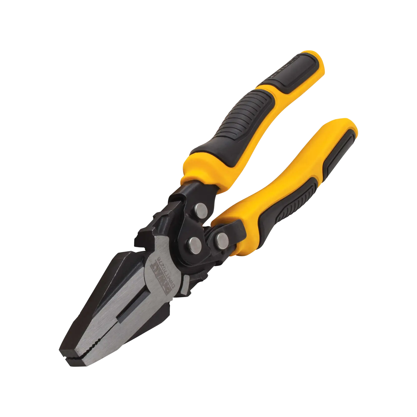 A pair of DEWALT compound action pliers with yellow and black ergonomic handles, shown against a white background.
