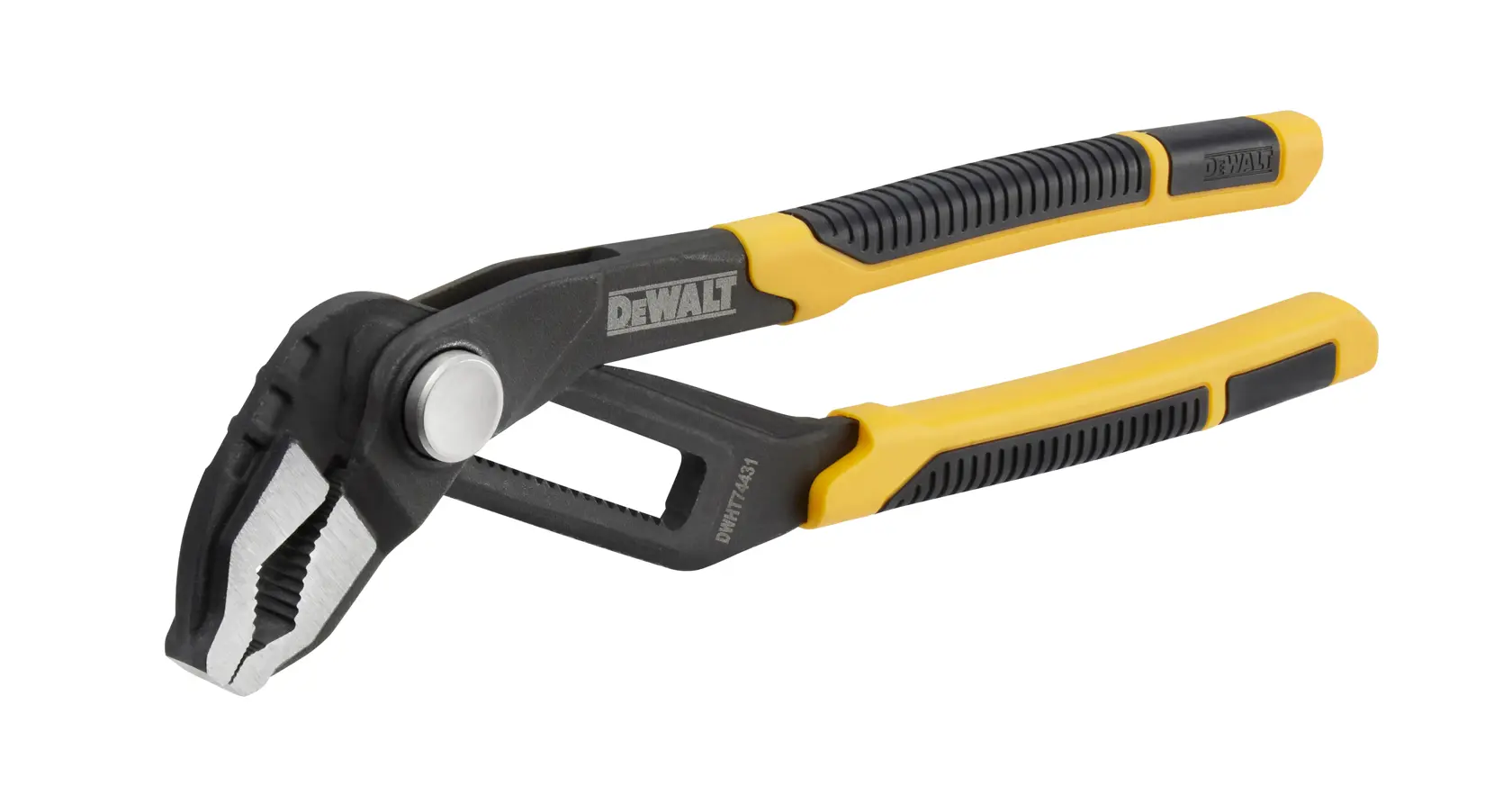 A DEWALT adjustable groove joint pliers with a yellow and black ergonomic handle, used for gripping and turning objects.