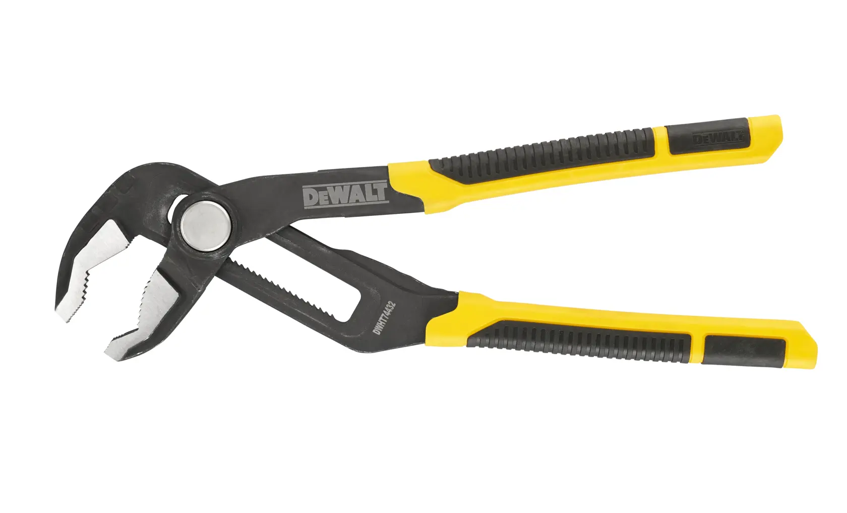 DEWALT adjustable groove joint pliers with yellow and black handles, designed for gripping and turning pipes or fittings.