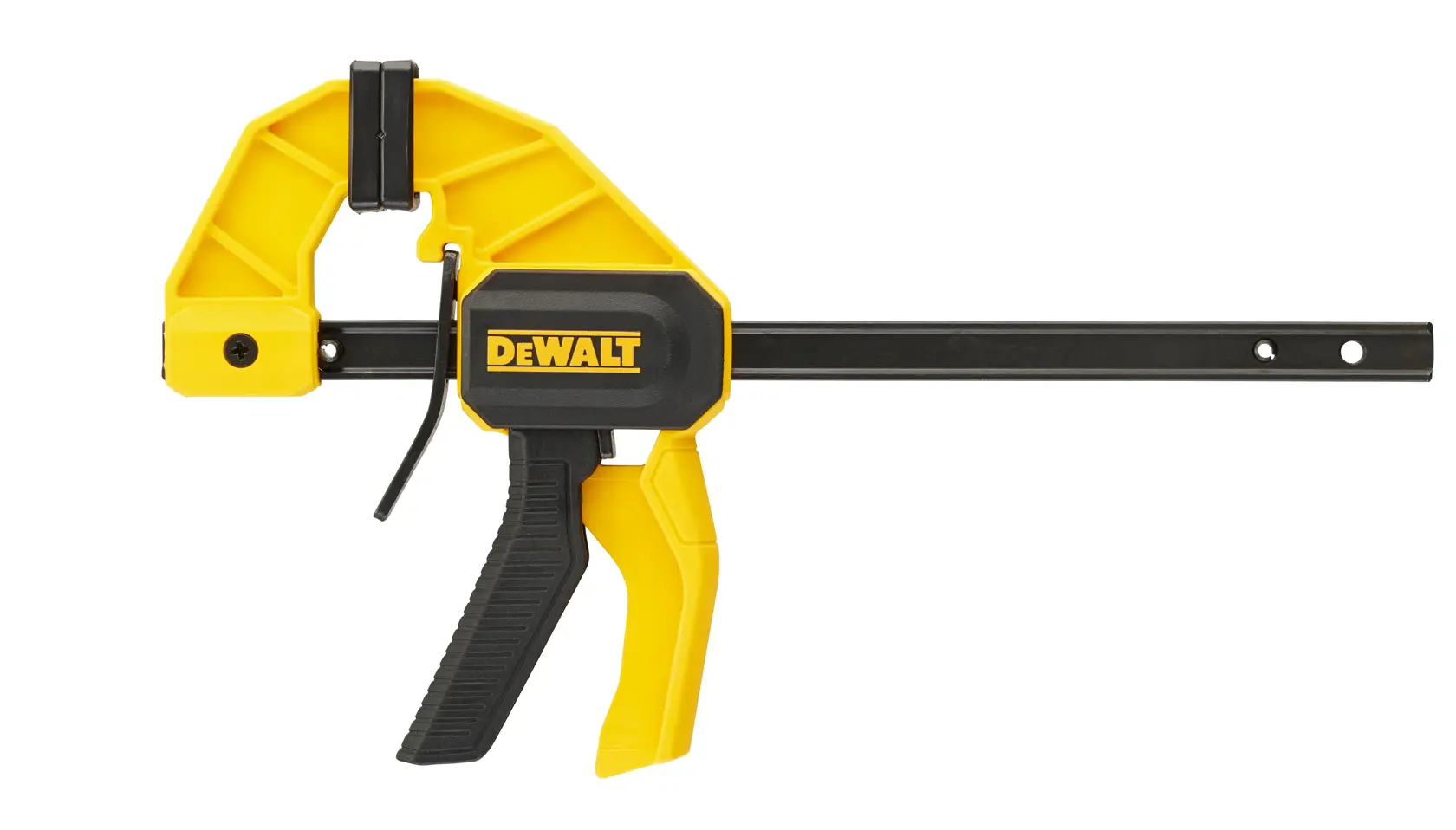 A DEWALT trigger clamp with yellow and black design, used for holding materials securely in place during woodworking or other projects.