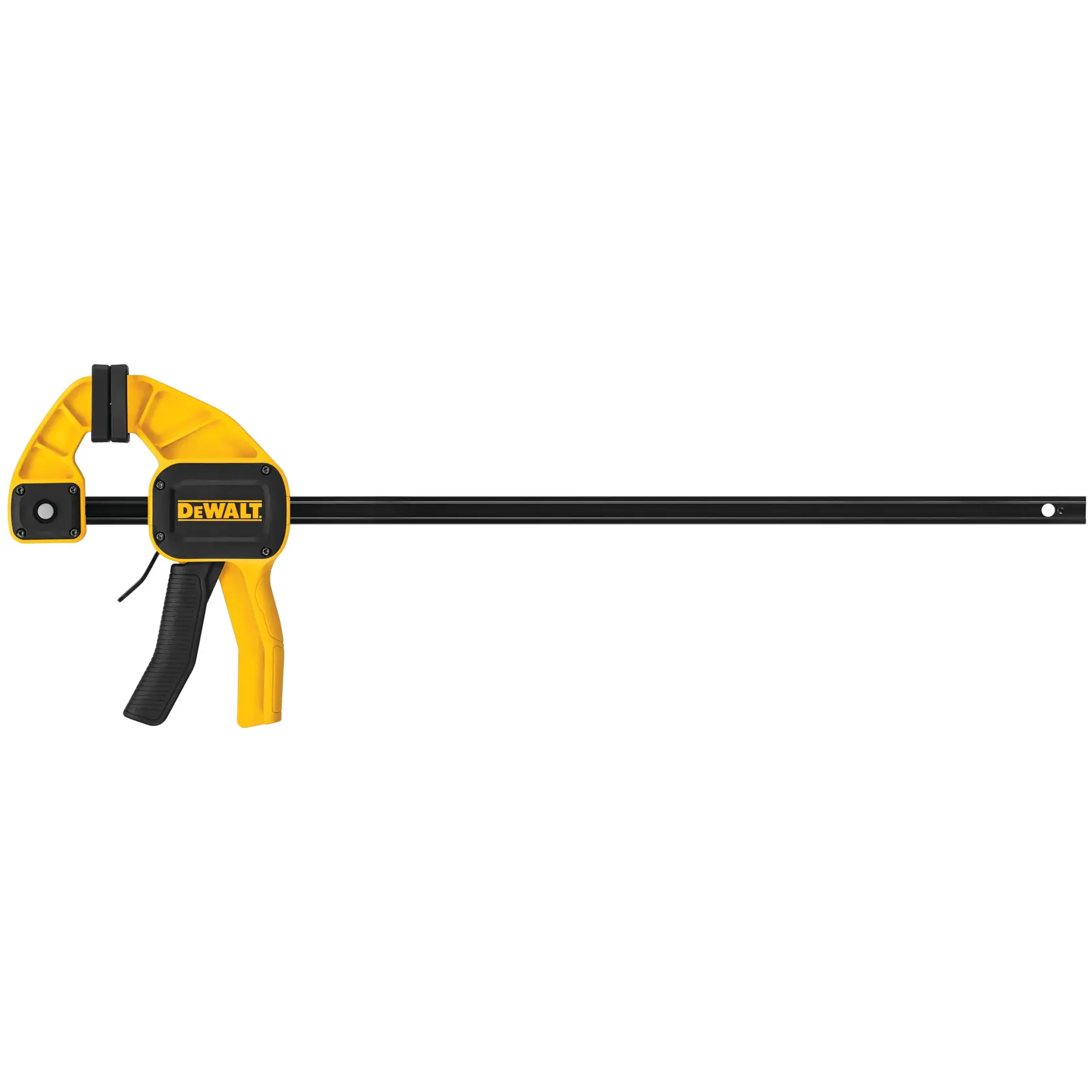 A DEWALT bar clamp with a yellow and black handle, used for holding materials securely in place during woodworking or construction.
