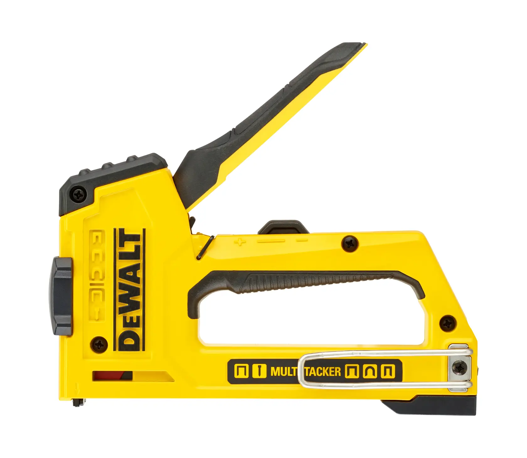 A DEWALT yellow and black multi-tacker staple gun with ergonomic handle and visible DEWALT logo. The model is DWHT0-TR510 and it is designed for fastening tasks in photography or other projects.