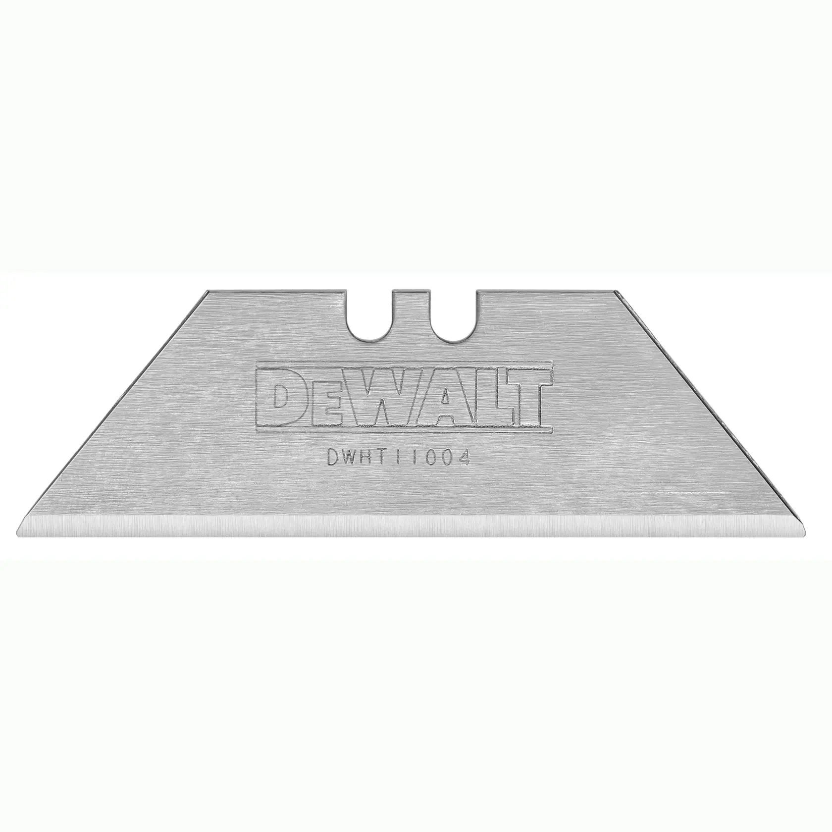 A close-up image of a DEWALT utility knife blade, model number DWHT11004, with a sharp edge and notched design.