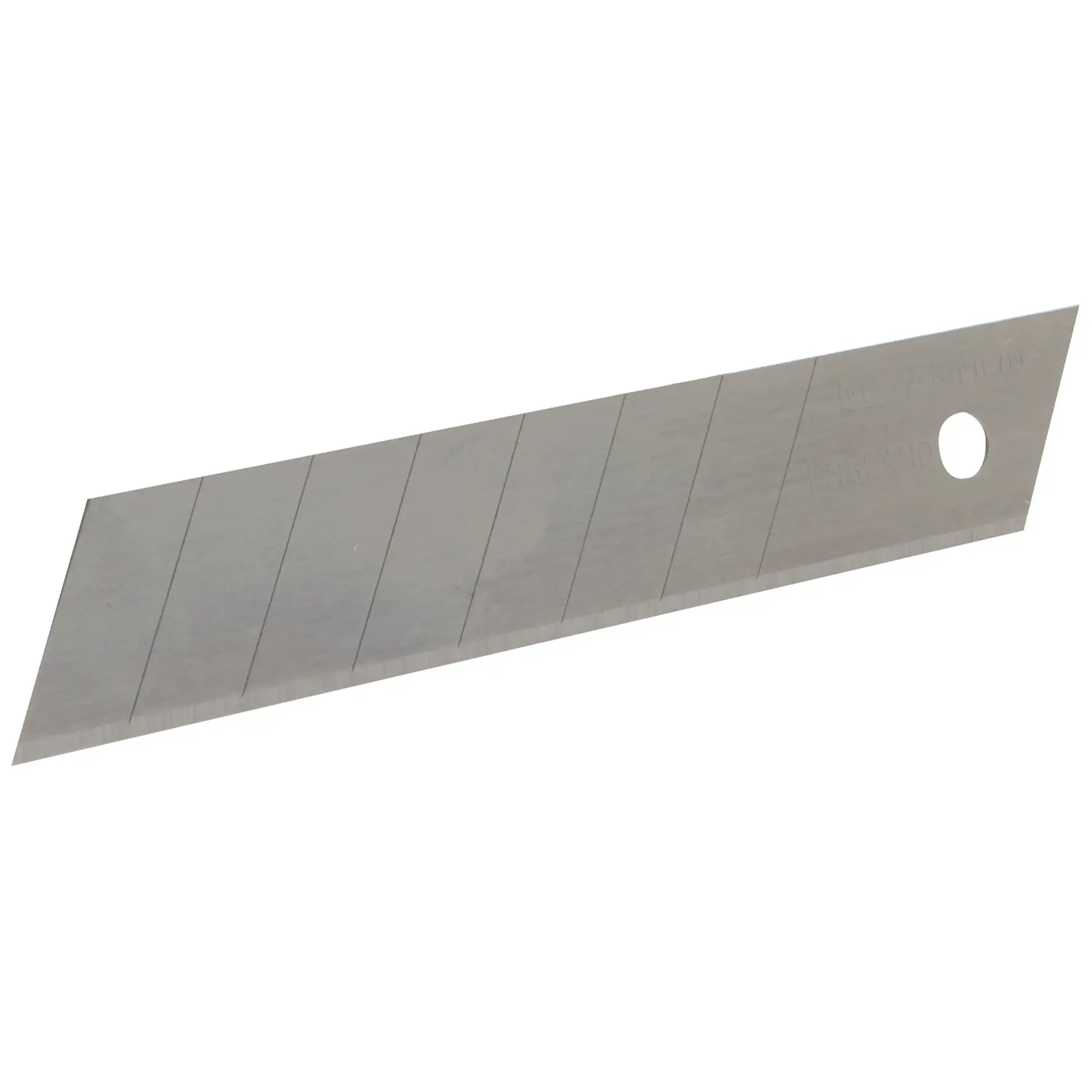 A single metal snap-off utility knife blade with segmented sections and a hole at one end, shown against a white background.