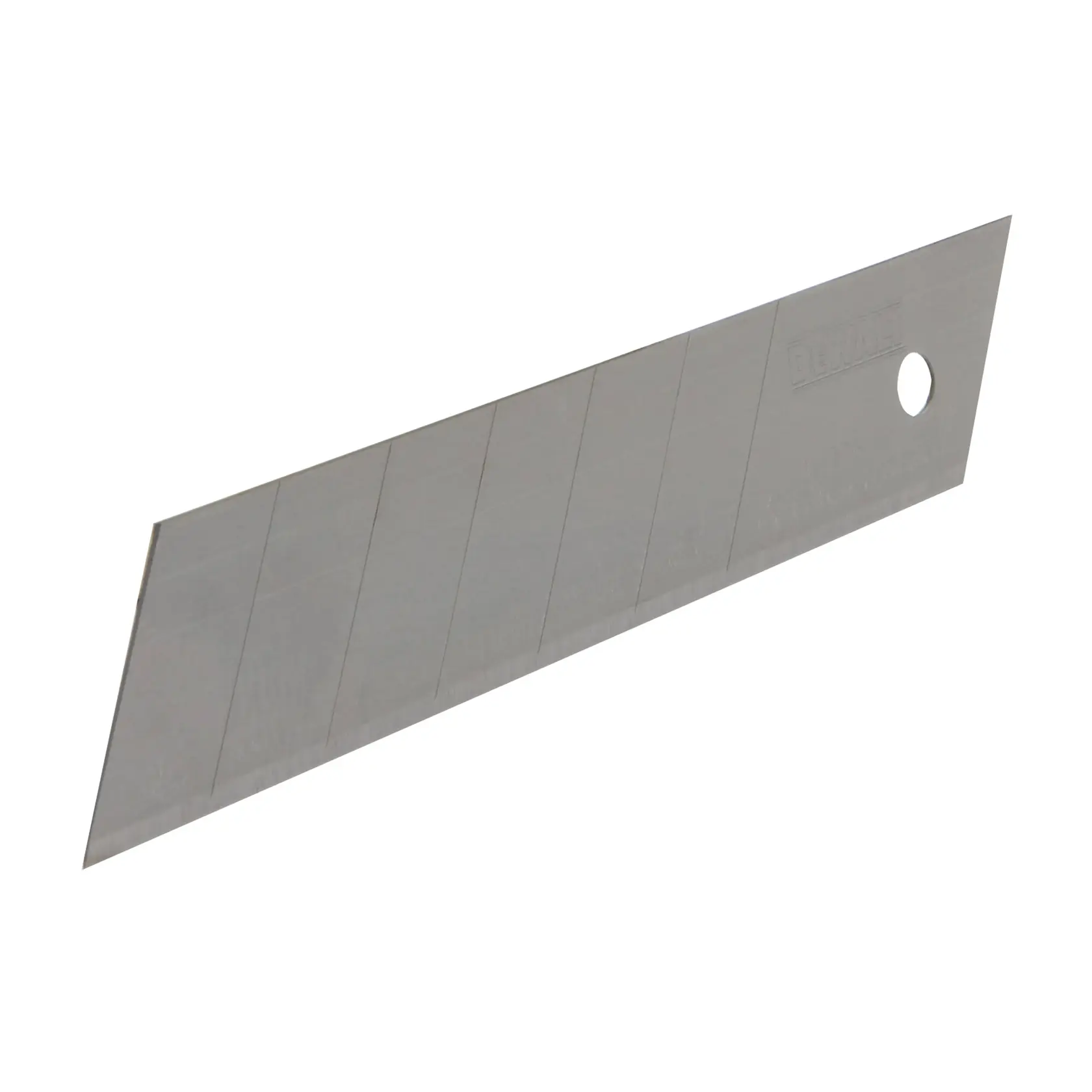 A single segmented utility knife blade made of metal, with a sharp edge and a hole near one end. The blade has several scored lines for snapping off sections.