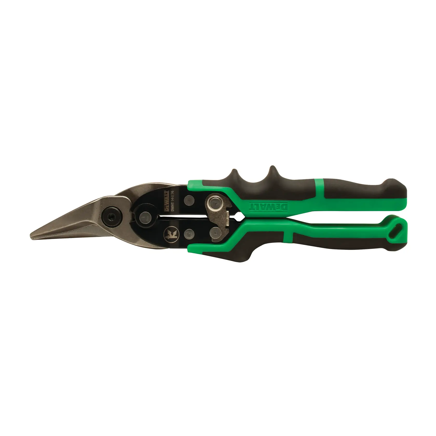 DEWALT aviation snips with green and black ergonomic handles and a sharp metal cutting blade, designed for cutting sheet metal.