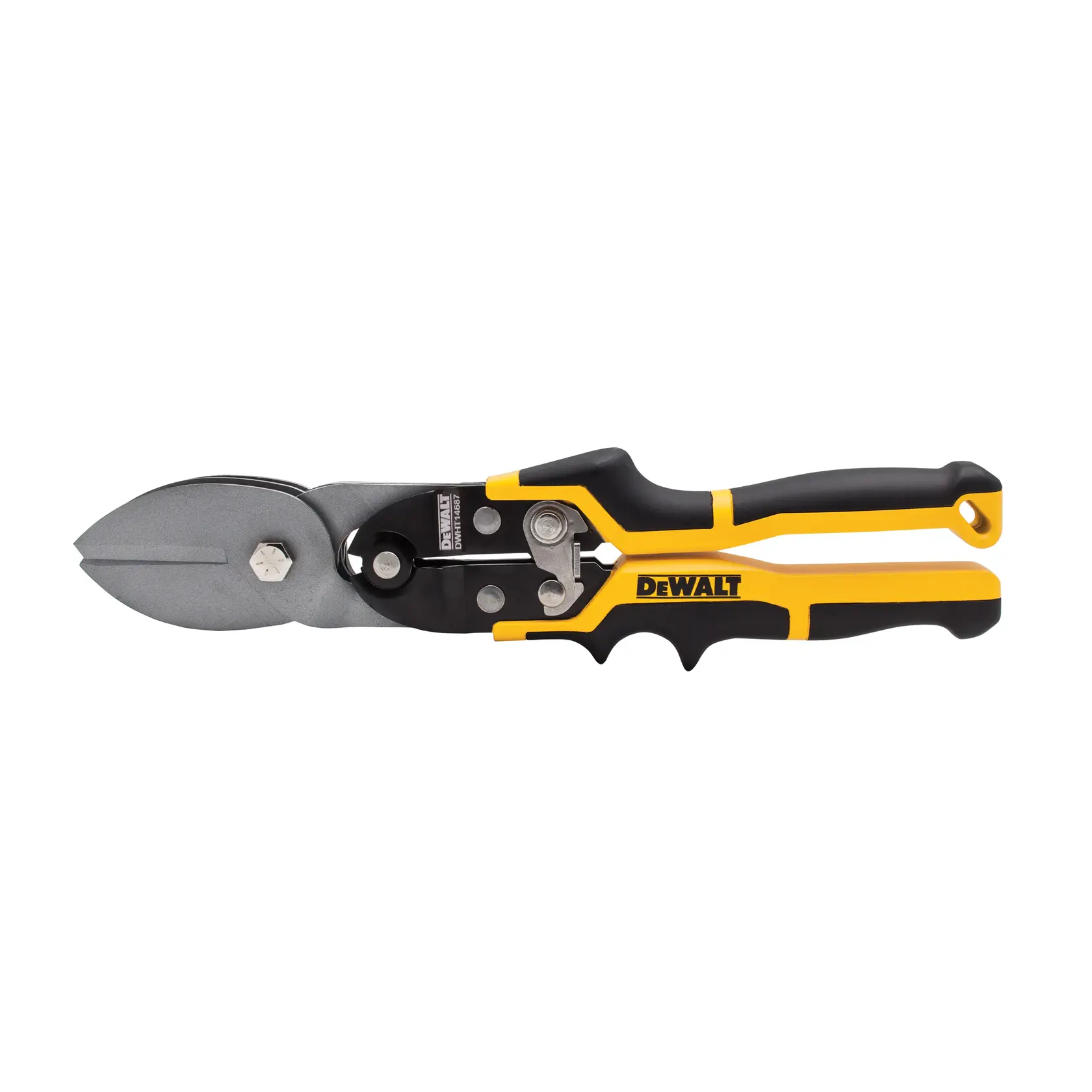 DEWALT metal cutting snips with black and yellow ergonomic handle, shown against a white background.