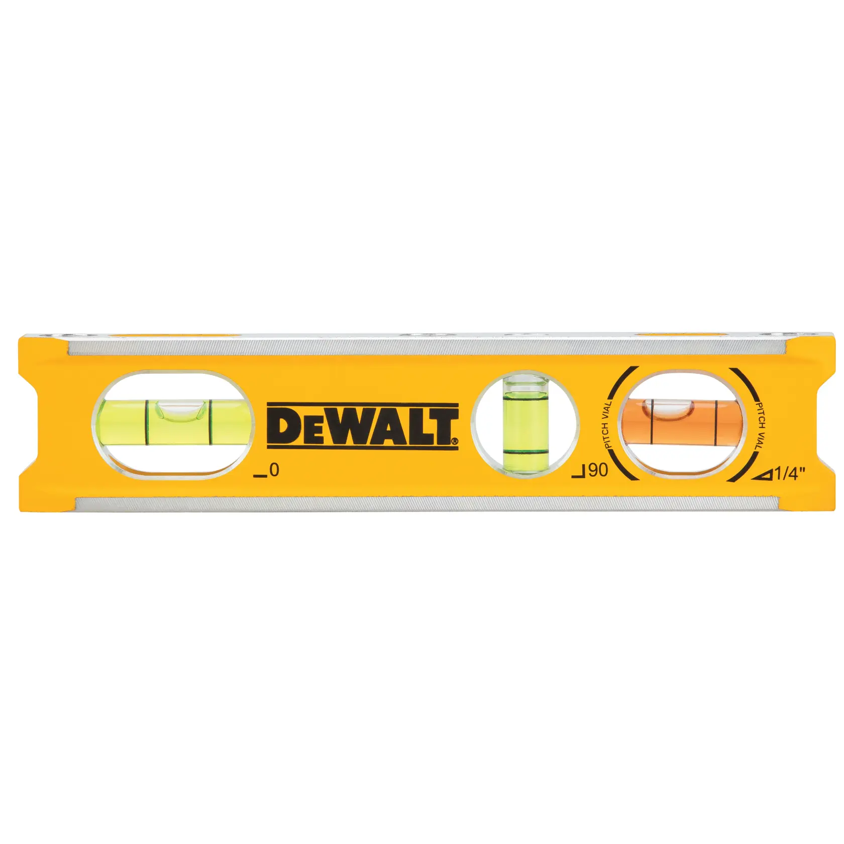 Front view of a yellow DEWALT spirit level with three bubble vials for measuring horizontal, vertical, and pitch angles. The DEWALT logo is printed in black on the center.