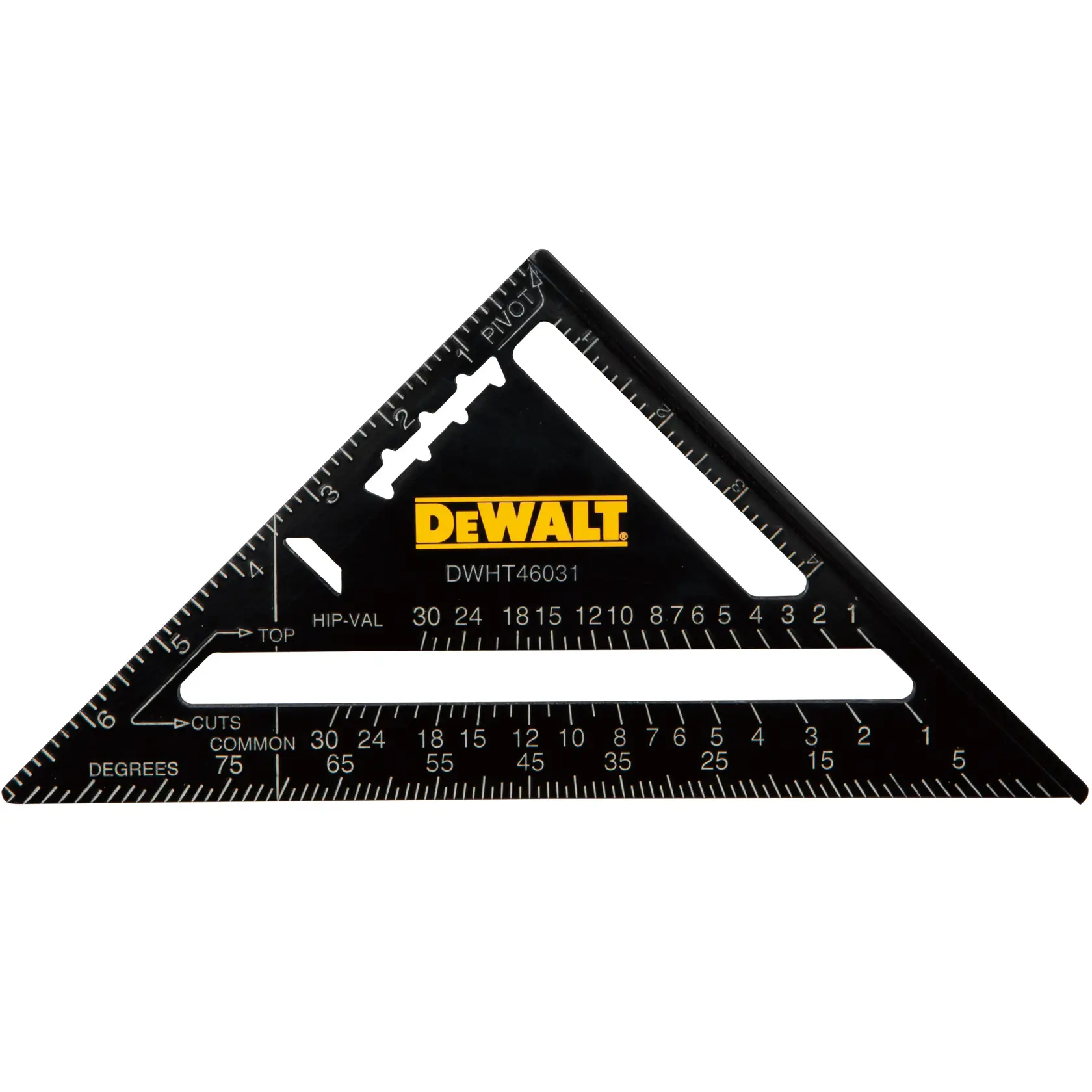 A DEWALT branded black triangular carpenter's square, model DWHT46031, with measurement markings and cut guide slots.