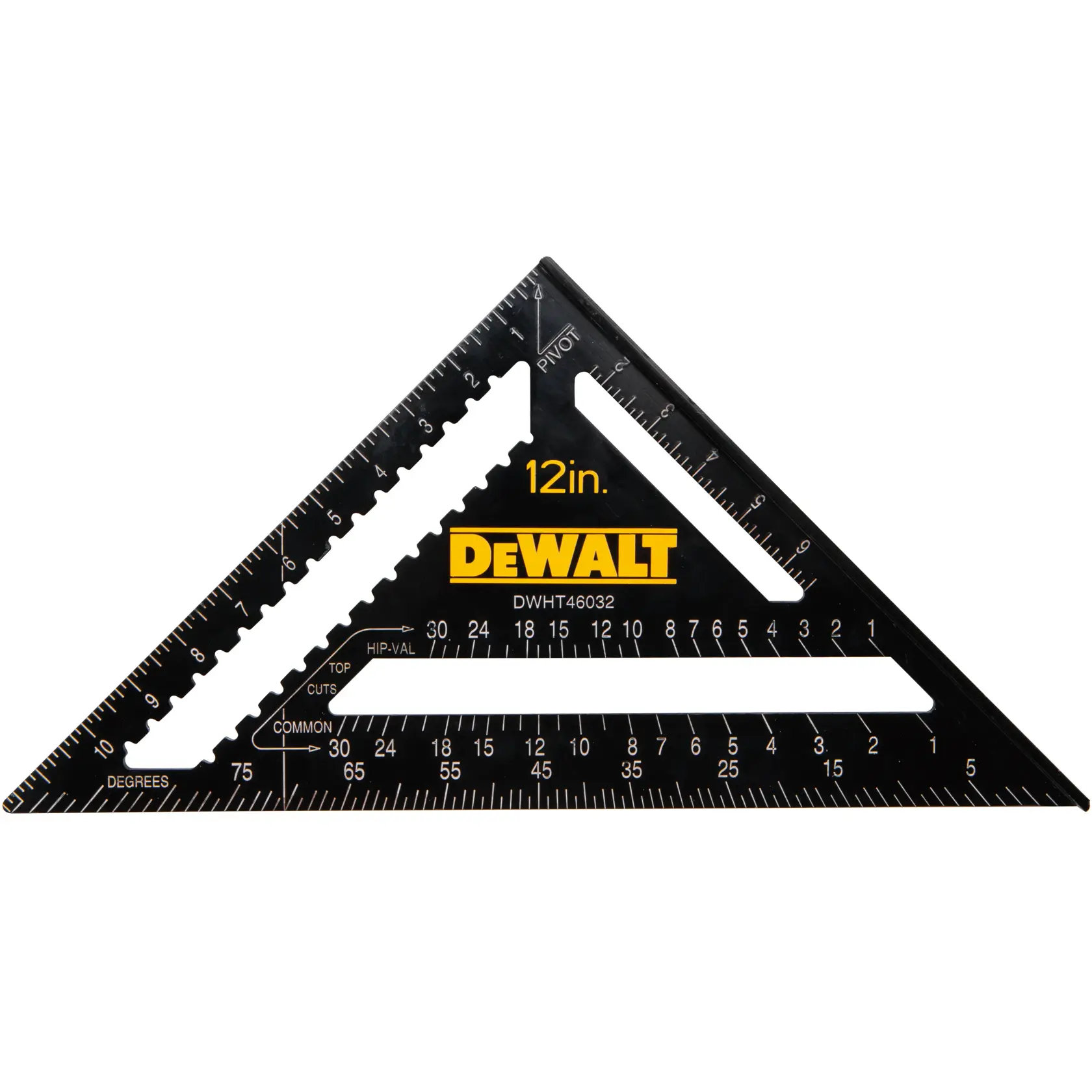 A DEWALT branded 12-inch black triangular carpenter's square, model DWHT46032-0, featuring measurement markings and scales along its edges and interior for angles and cuts.