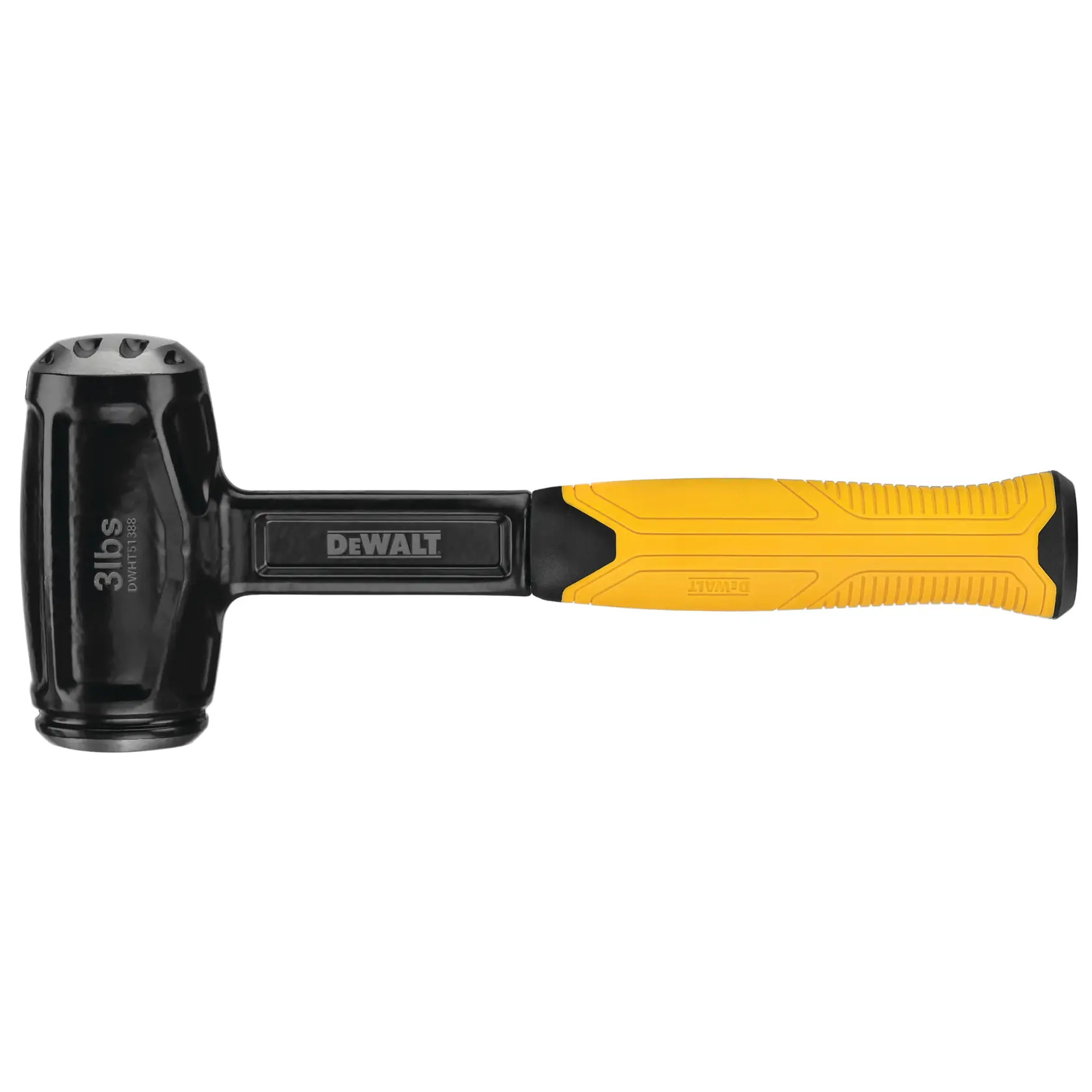 A DEWALT black and yellow dead blow hammer with a 3 lbs head, featuring a textured grip handle.