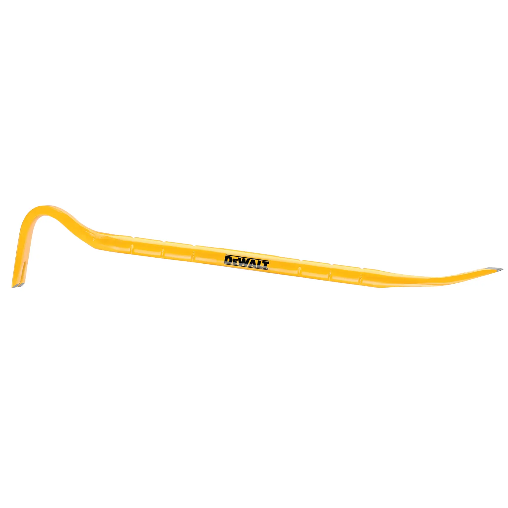 A yellow DEWALT wrecking bar with a curved claw at one end and a pointed tip at the other, used for demolition and prying tasks.