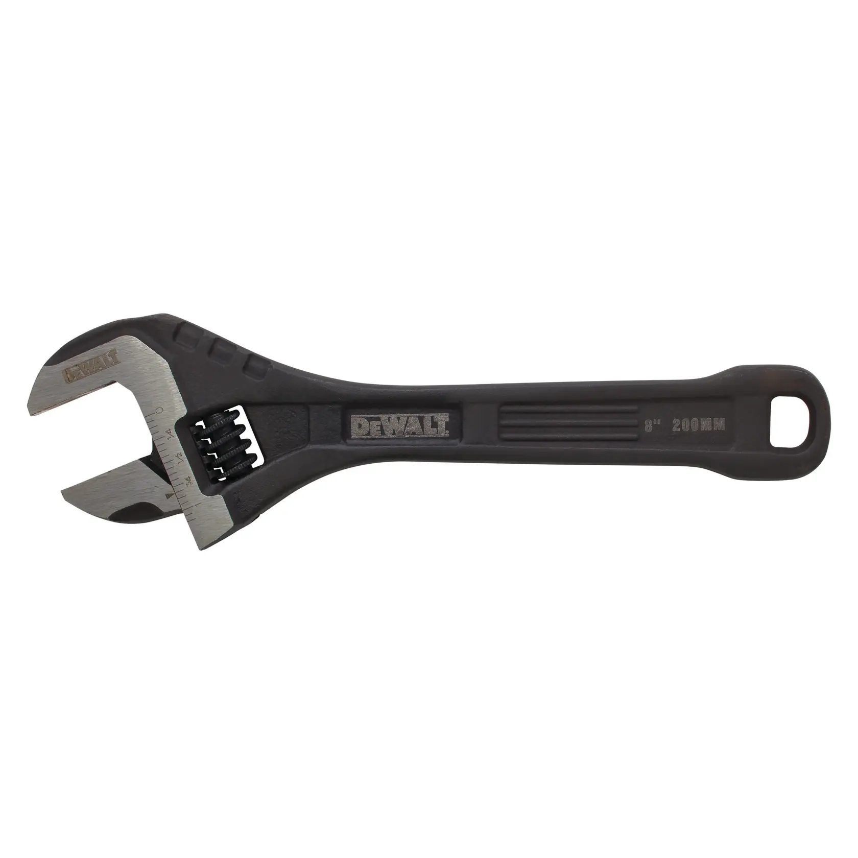 A DEWALT adjustable wrench with a black handle and silver jaw, marked with measurement increments and branding, displayed against a white background.