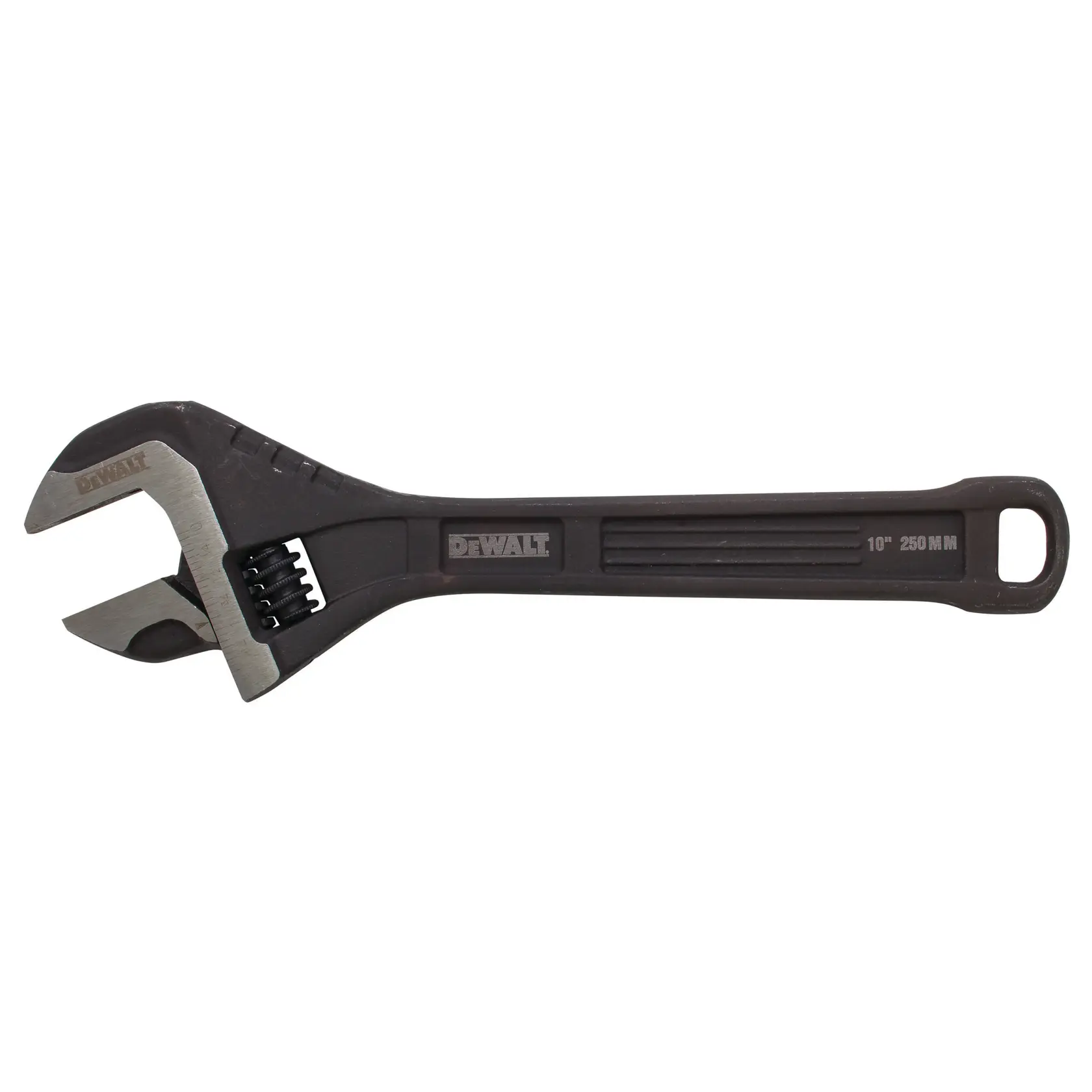 A DEWALT adjustable wrench with a black handle and metal jaws, featuring a measurement marking of 10 inches or 250 mm on the handle.