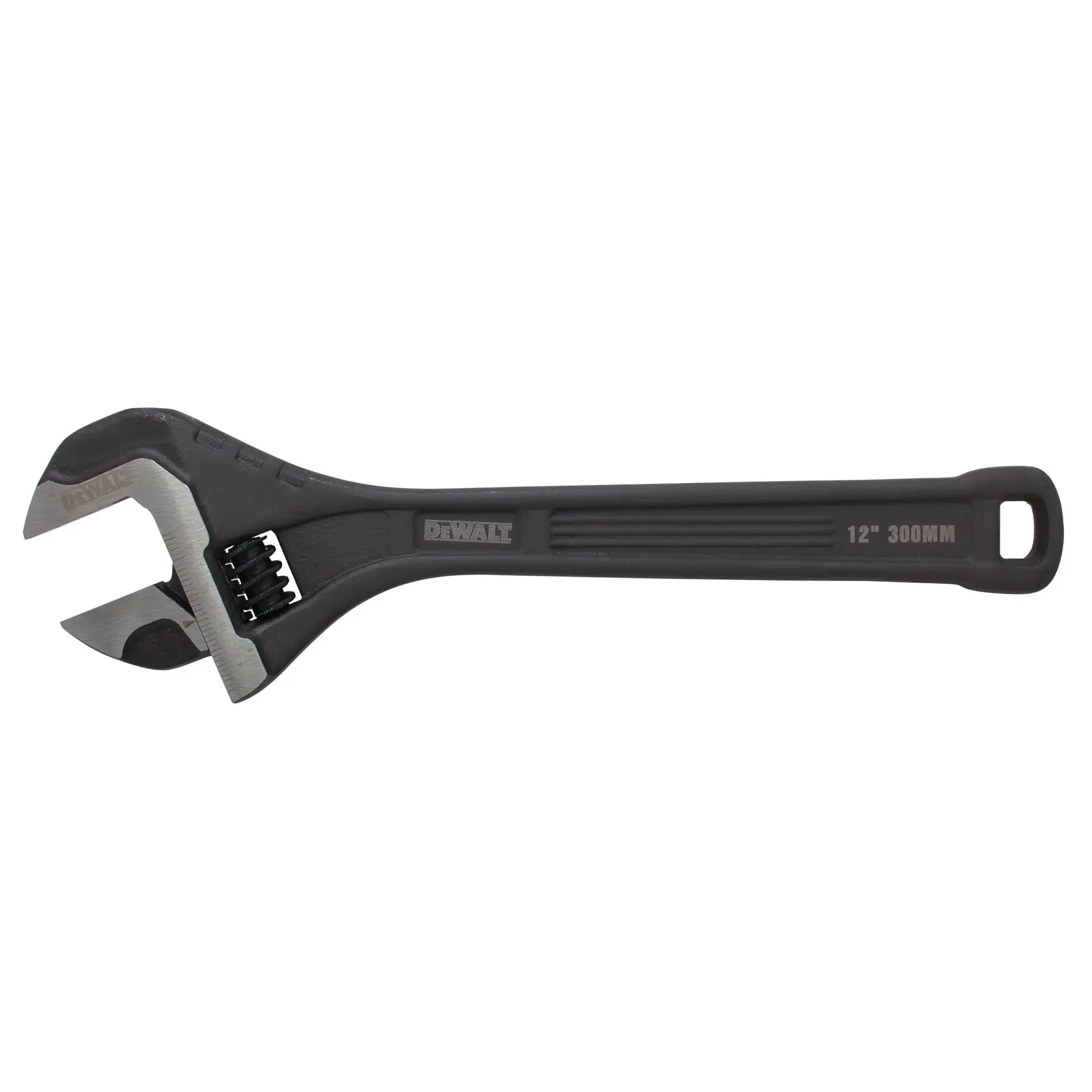 A DEWALT 12-inch adjustable wrench with a black handle and silver jaw, model DWHT80269-0, shown against a white background.
