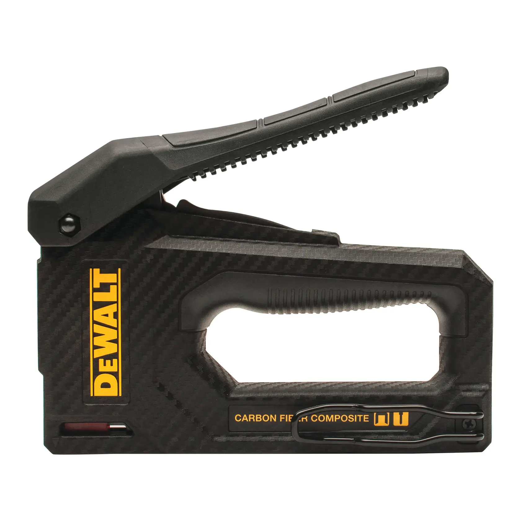 A DEWALT branded carbon fiber composite hand staple gun with a black textured finish and ergonomic handle.