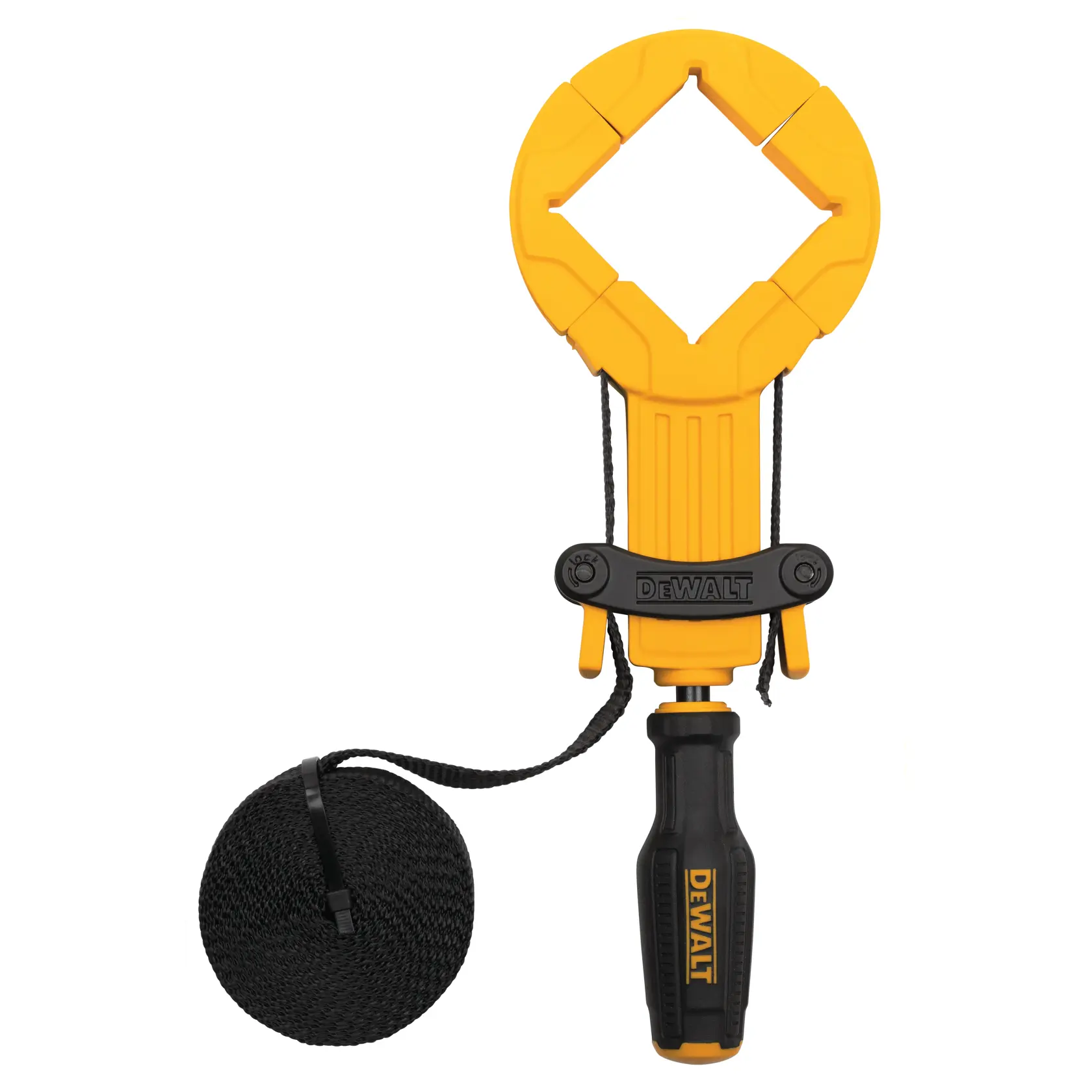 DEWALT hand tool featuring a yellow and black handle with a large circular clamp at the top and a black rope attached, designed for holding and securing various objects.