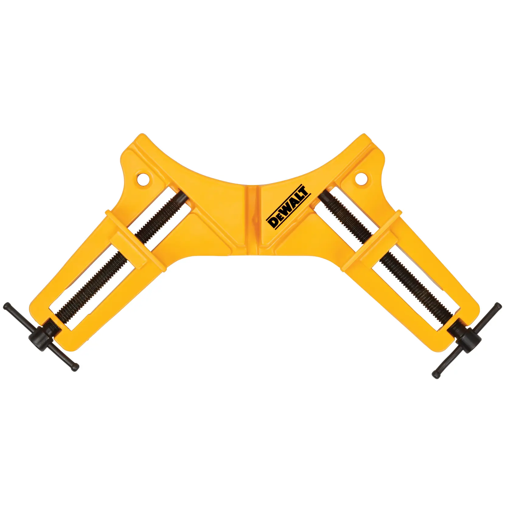 A yellow DEWALT corner clamp tool with two adjustable screw handles, designed for woodworking or metalworking to hold materials at a right angle.