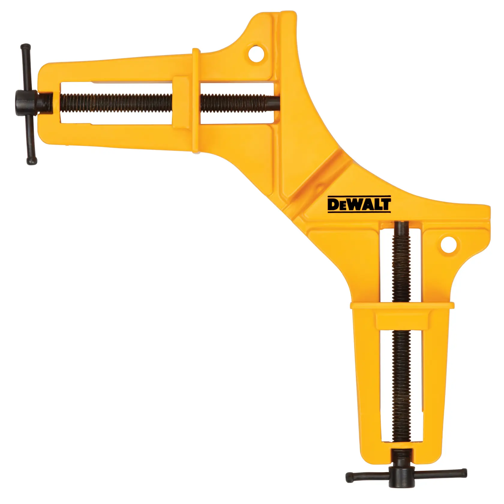 DEWALT yellow corner clamp tool with black threaded handles, used for securing materials at a right angle.