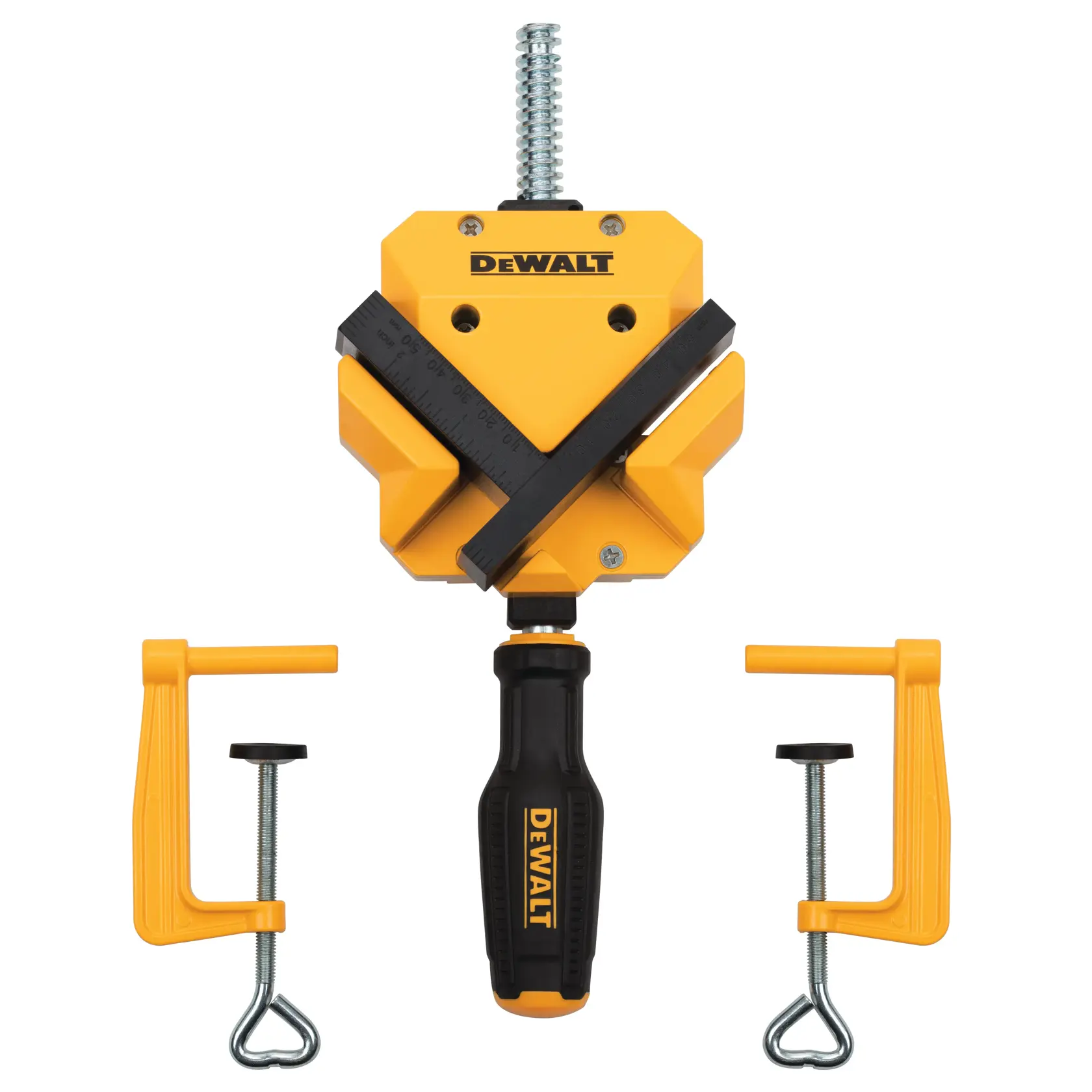 A DEWALT angle clamp tool with a black and yellow handle, shown alongside two accompanying yellow clamps. The tool is designed for holding materials at precise angles during assembly or woodworking.