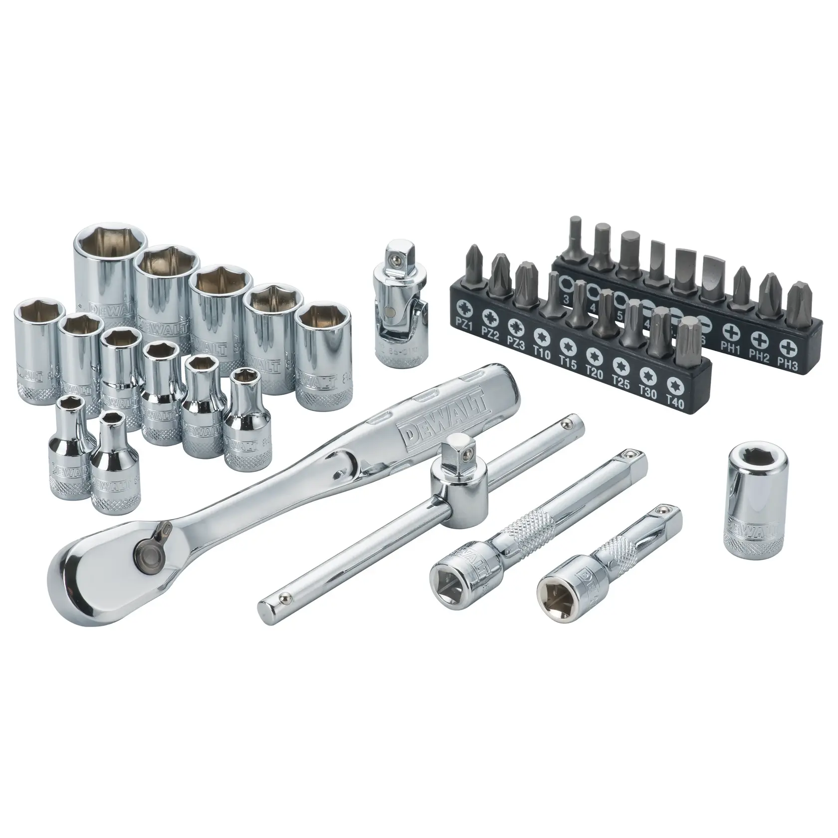 A DEWALT socket and bit set, including a ratchet, extension bars, multiple sockets of different sizes, various screwdriver bits arranged in a holder, and additional accessories, all made of polished metal and displayed on a white background.