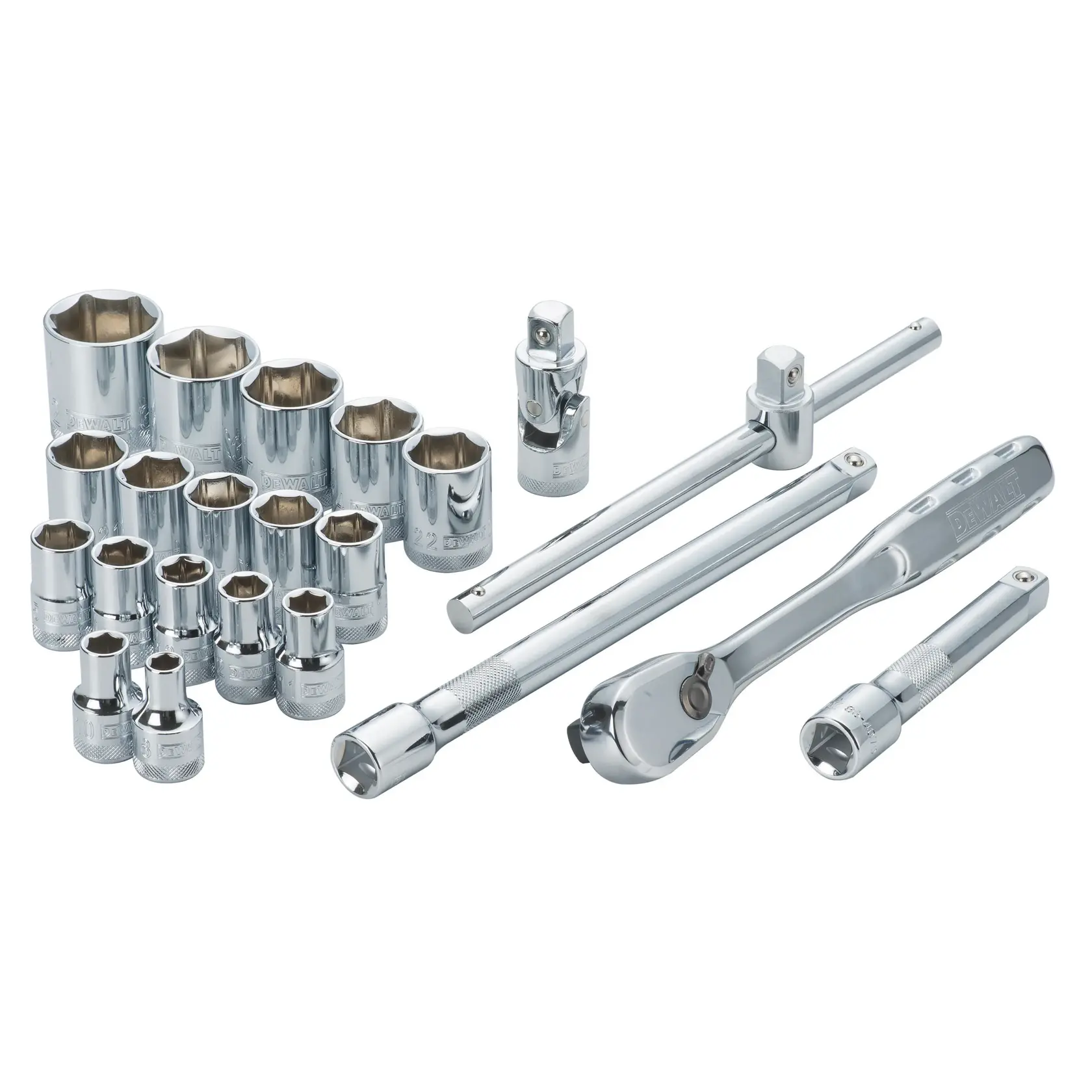 A set of shiny chrome DEWALT socket tools, including several different sizes of sockets, a ratchet handle, extension bars, and a universal joint, all arranged on a white background.