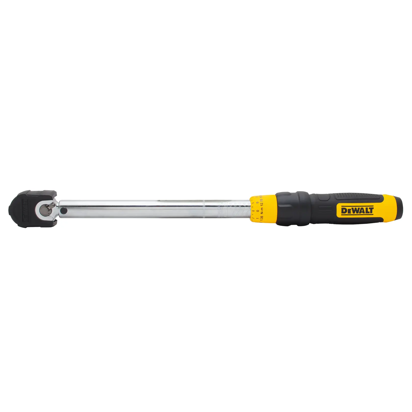 A DEWALT torque wrench with a yellow and black handle, shown horizontally on a white background. The handle has a DEWALT logo and a measurement scale near the adjustable knob.