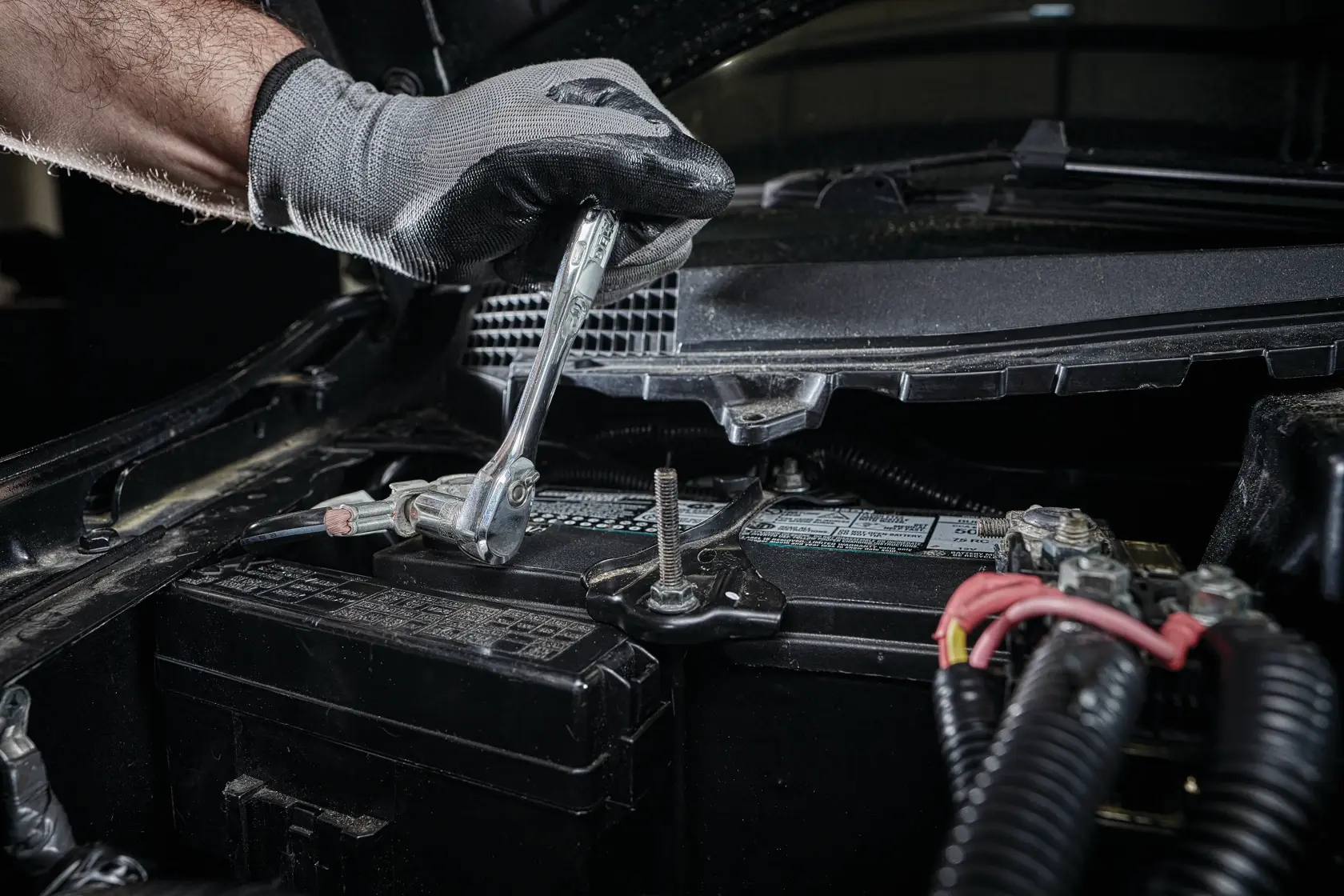 Gloved hand uses a DEWALT ratchet wrench to work on a car battery under the hood.