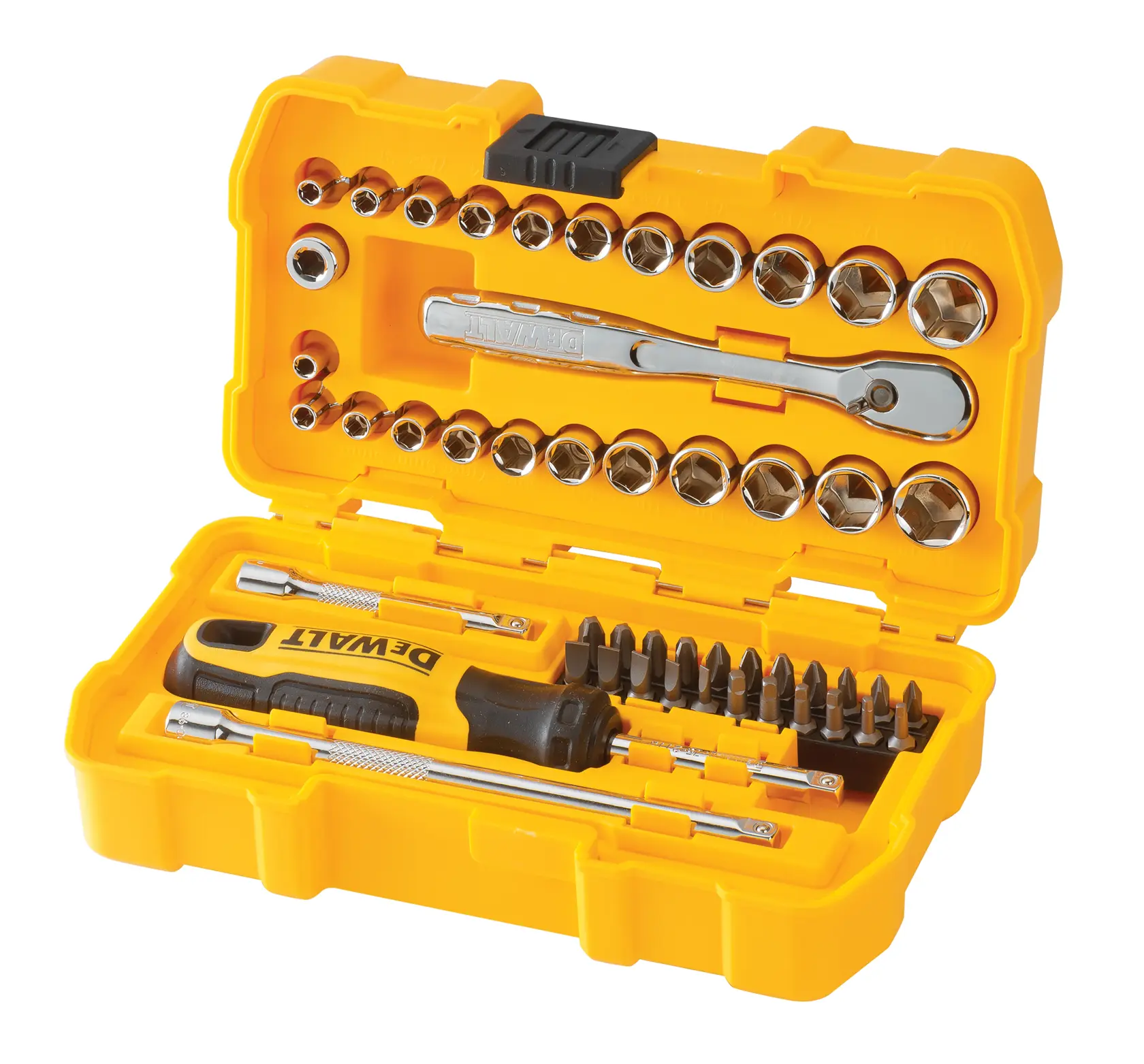 Yellow DEWALT tool set with sockets, ratchet, screwdriver, bits, and accessories in a sturdy case.