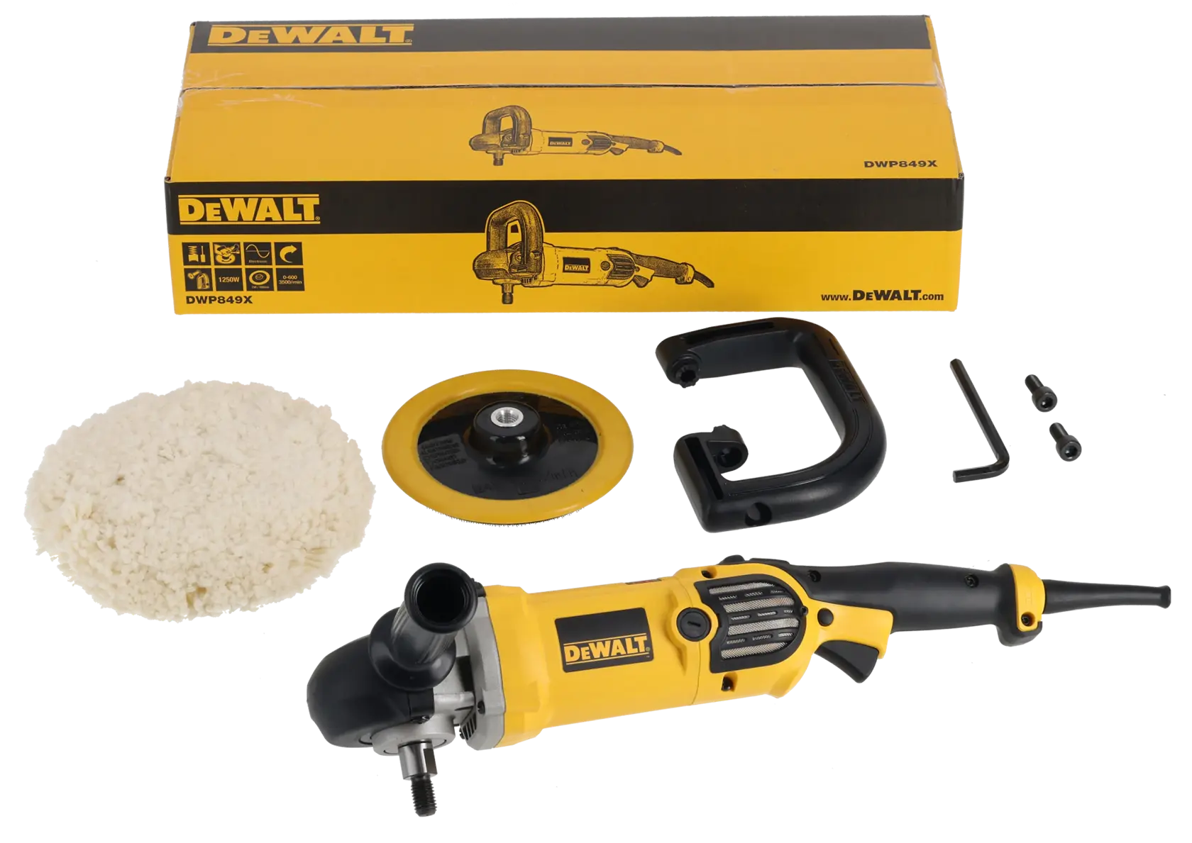 DEWALT DWP849X polisher kit including a yellow and black electric polisher, a wool buffing pad, backing plate, auxiliary handle, two bolts, an Allen wrench, and branded box. All components are laid out on a white background.