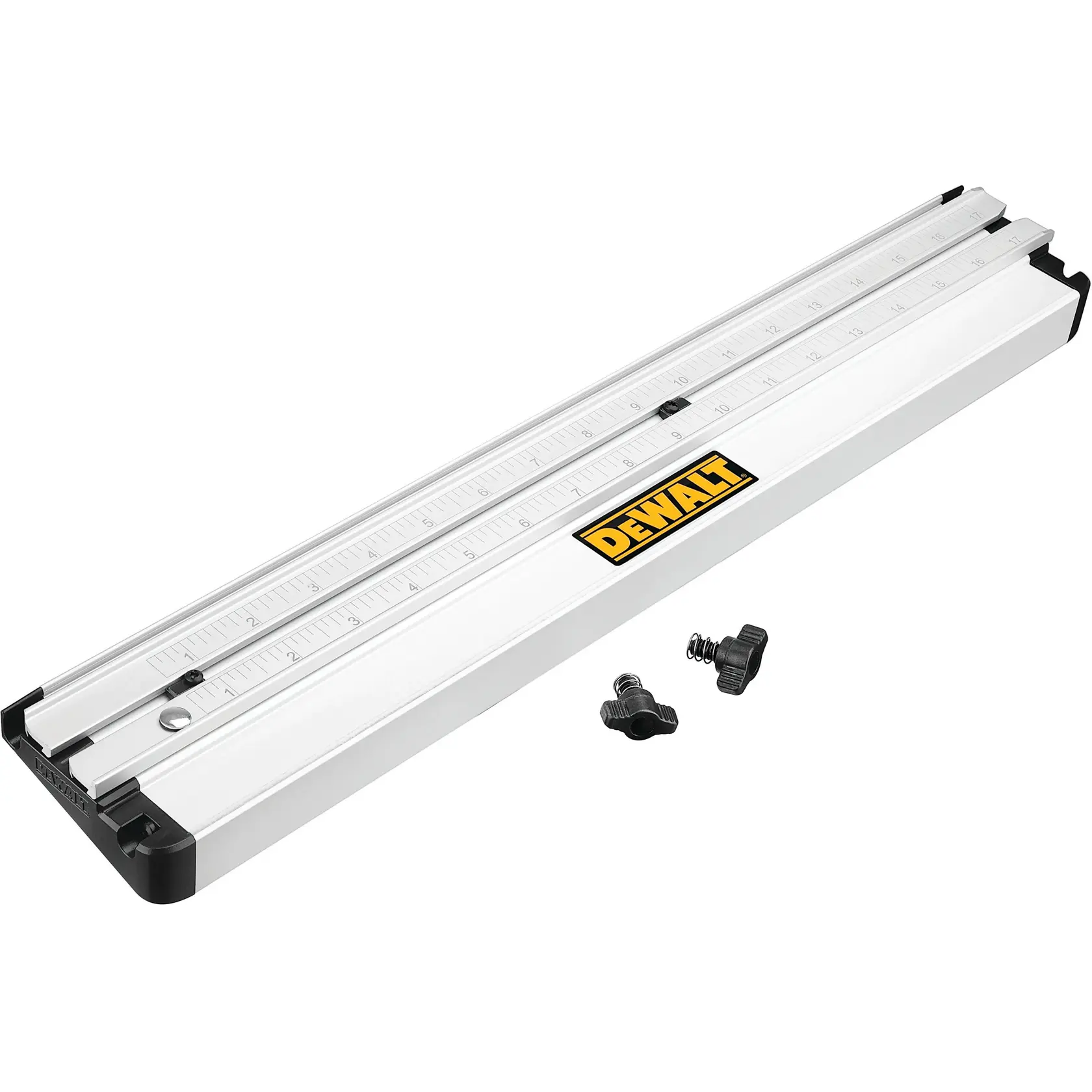 A DEWALT DWS5100 aluminum guide rail with measurement markings and two black adjustment knobs and screws, shown separately, used for woodworking and saw guidance.