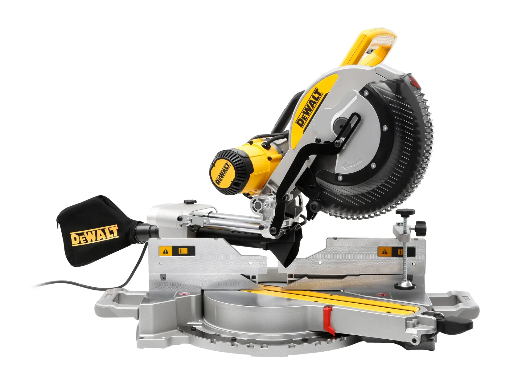 A construction worker wearing a safety vest and hard hat is using a DEWALT DWS780 miter saw to cut a piece of wood at an outdoor construction site.
